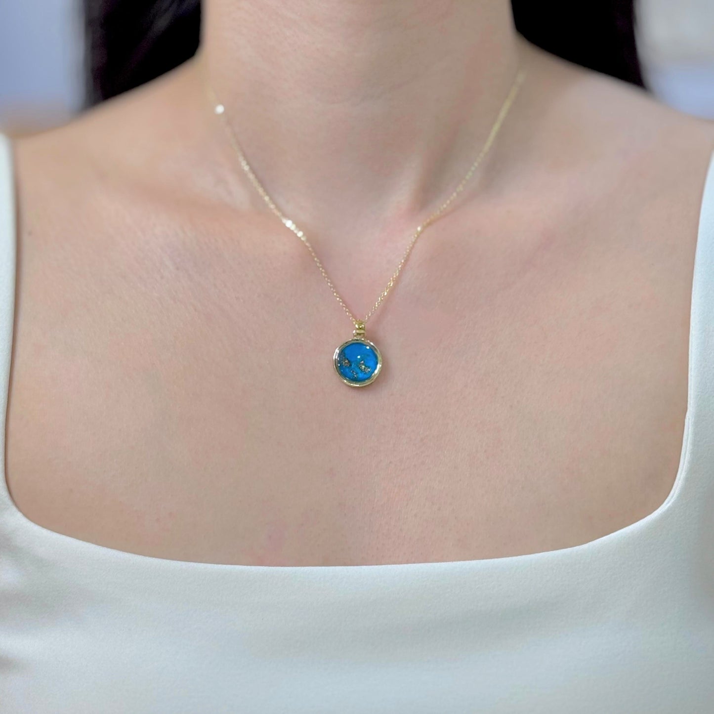 Handmade round pendant with blue shimmer and gold sparkles, 14k gold plated chain, gift for her