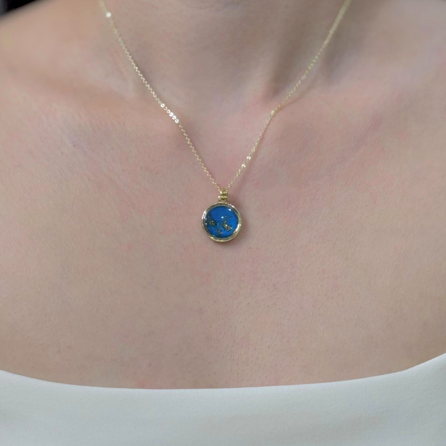 Handmade round pendant with blue shimmer and gold sparkles, 14k gold plated chain, gift for her