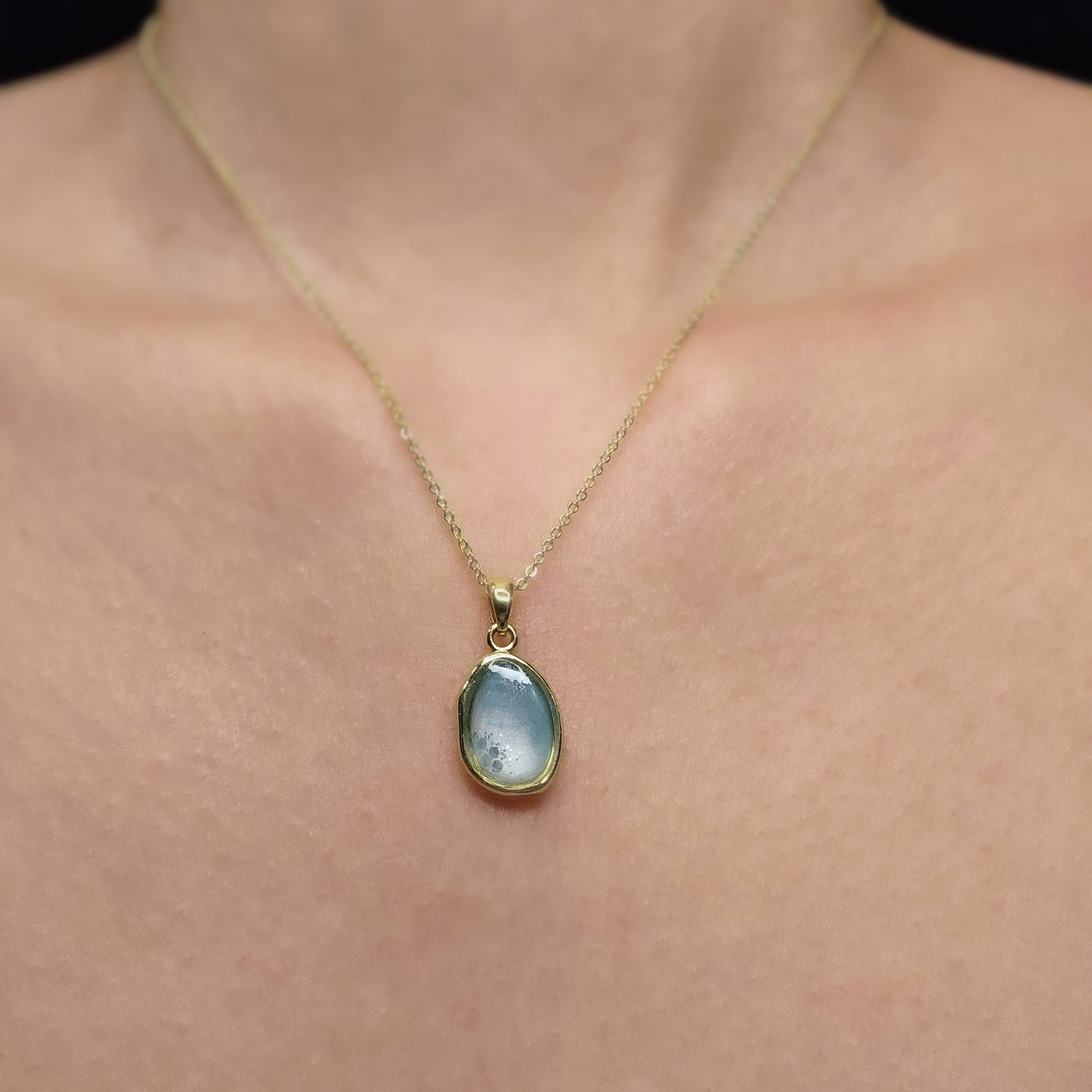 Handmade oval pendant with aquamarine and white shimmer and gold flakes, 14k gold plated chain, gift for her