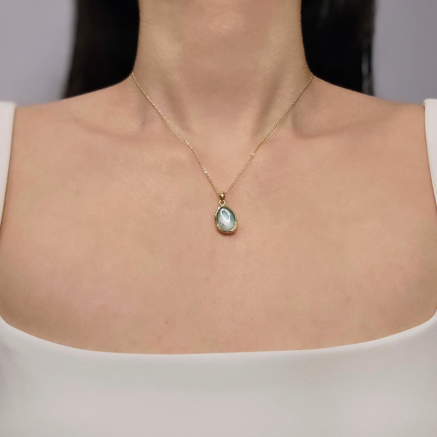 Handmade oval pendant with aquamarine and white shimmer and gold flakes, 14k gold plated chain, gift for her