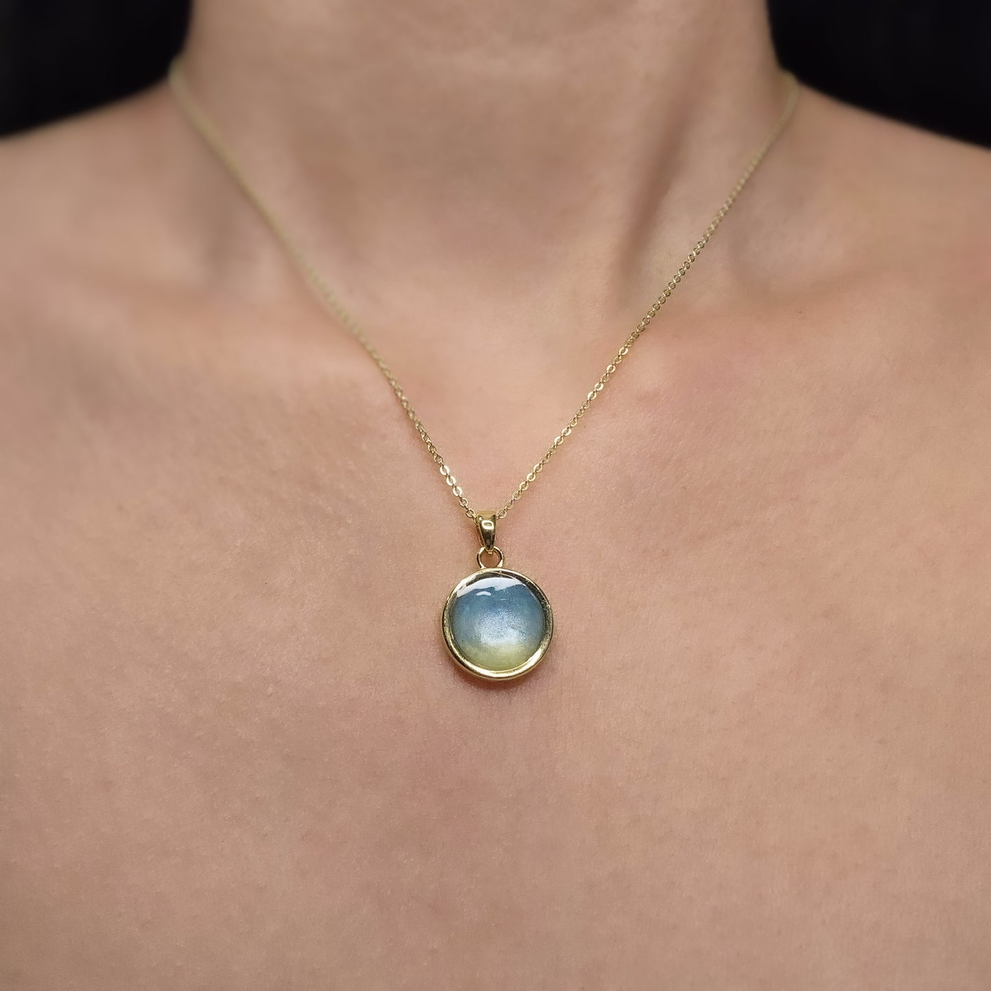 Handmade round pendant with blue and yellow shimmer, 14k gold plated chain, gift for her