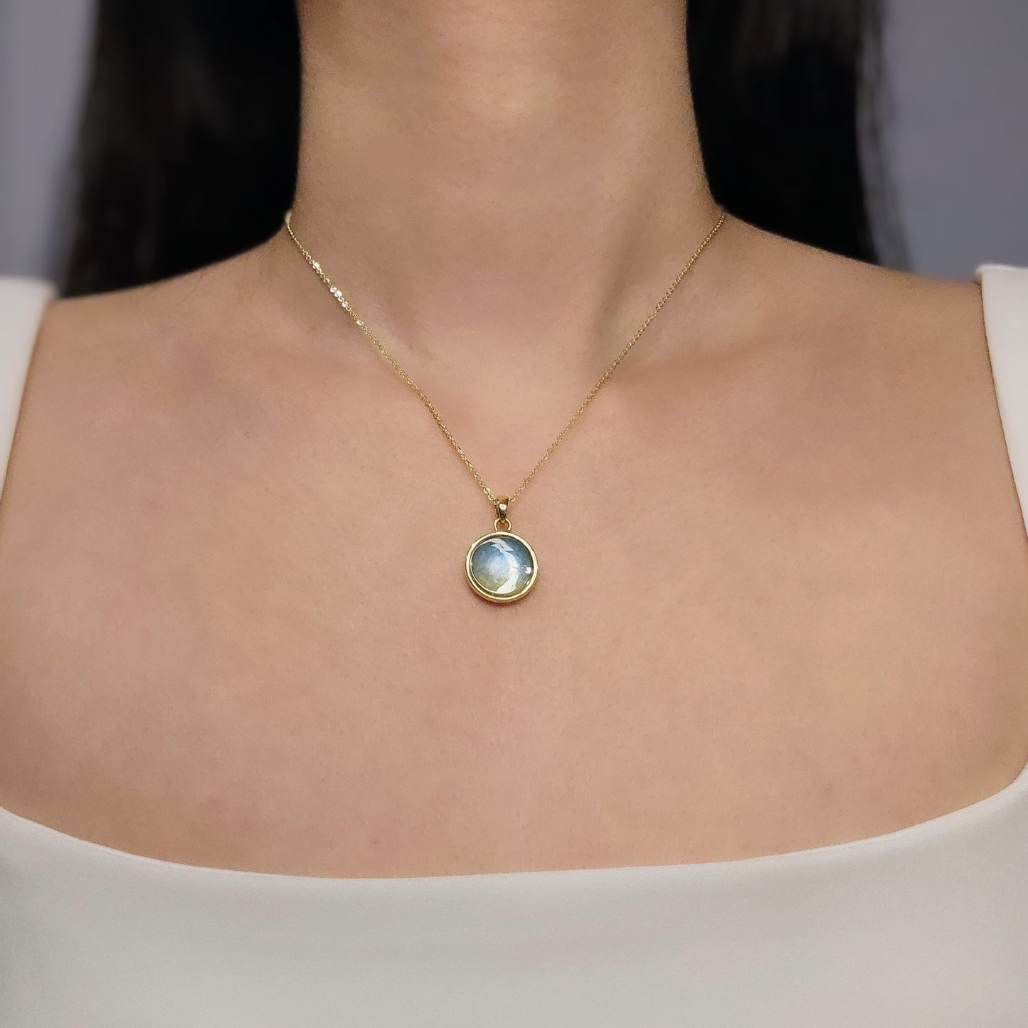 Handmade round pendant with blue and yellow shimmer, 14k gold plated chain, gift for her