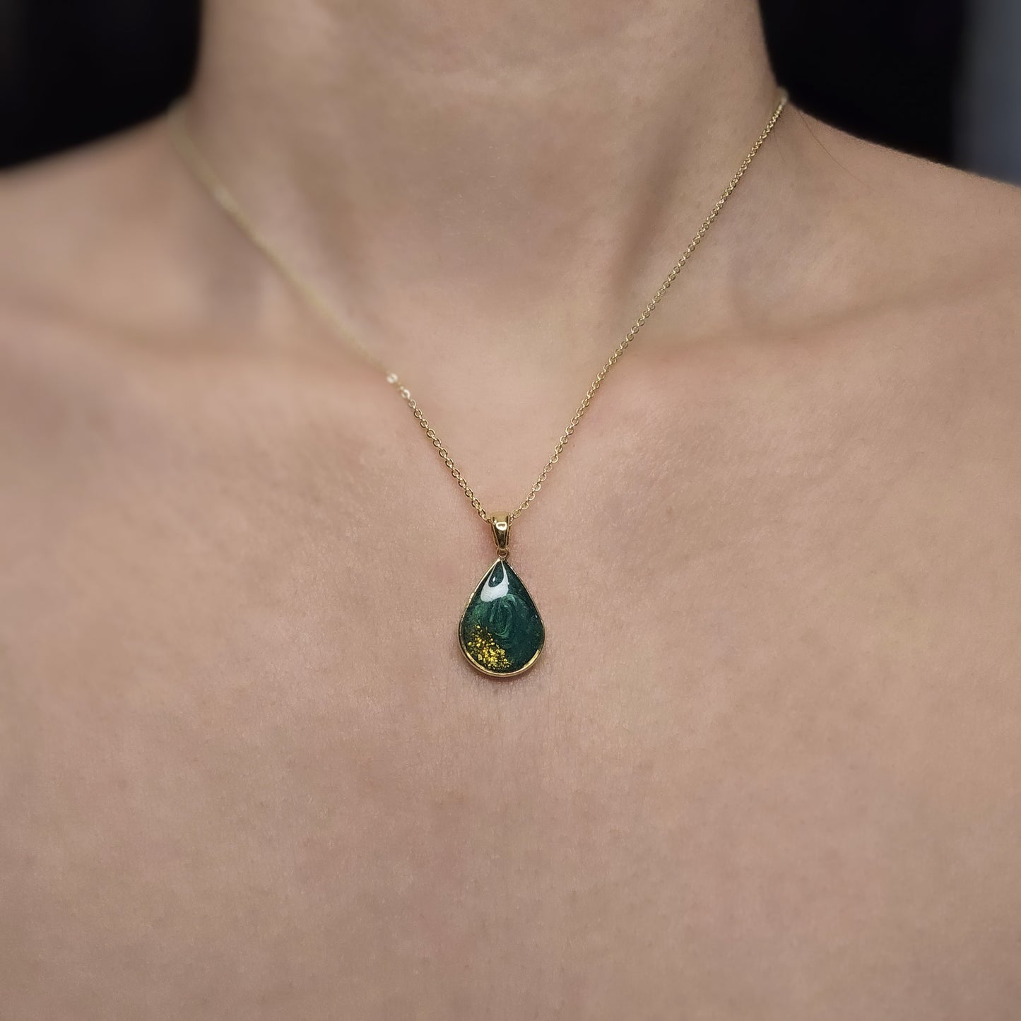 Handmade teardrop pendant with forest green swirls and gold flakes, 14k gold plated chain, gift for her