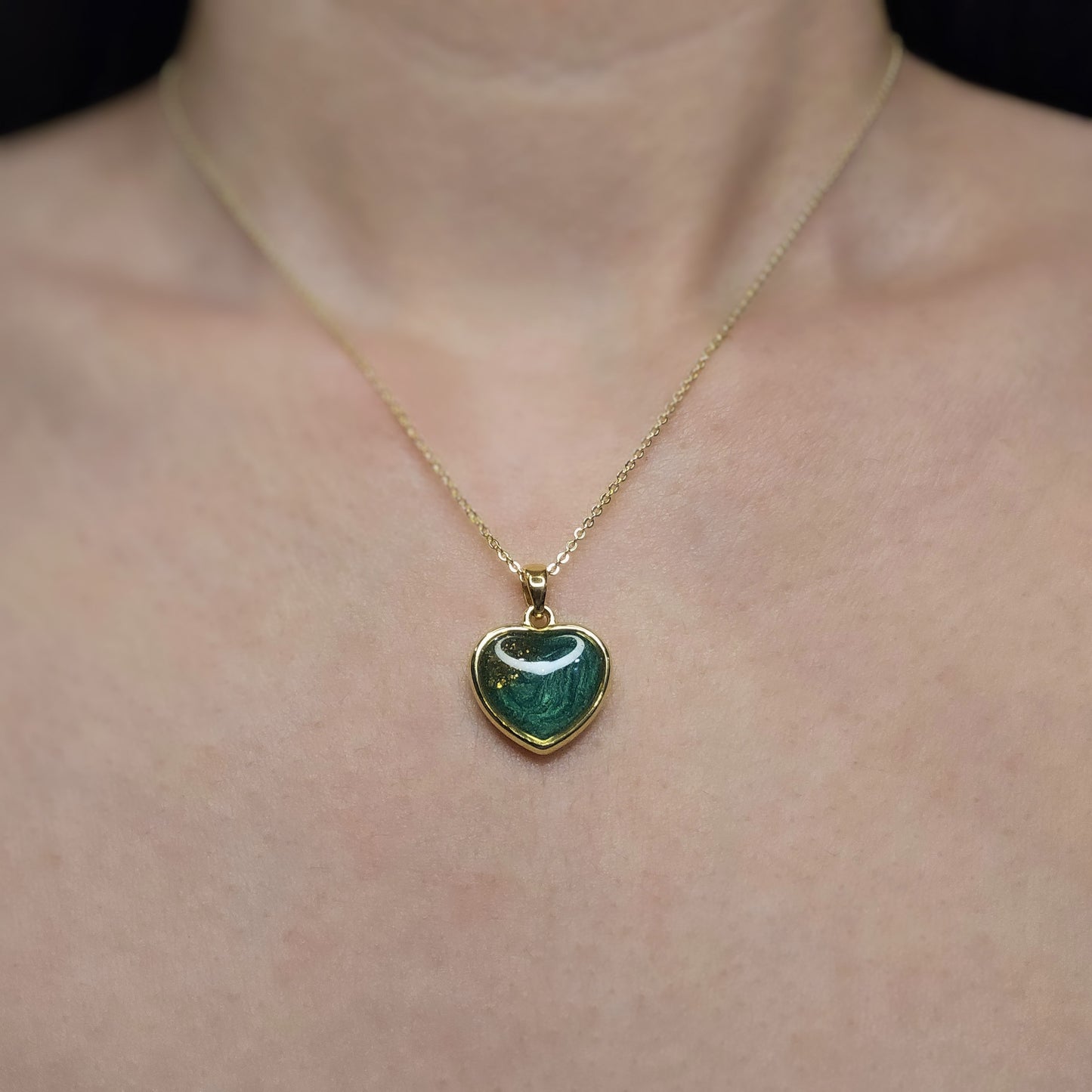 Handmade heart pendant with green shimmer and gold sparkles, 14k gold plated chain, gift for her
