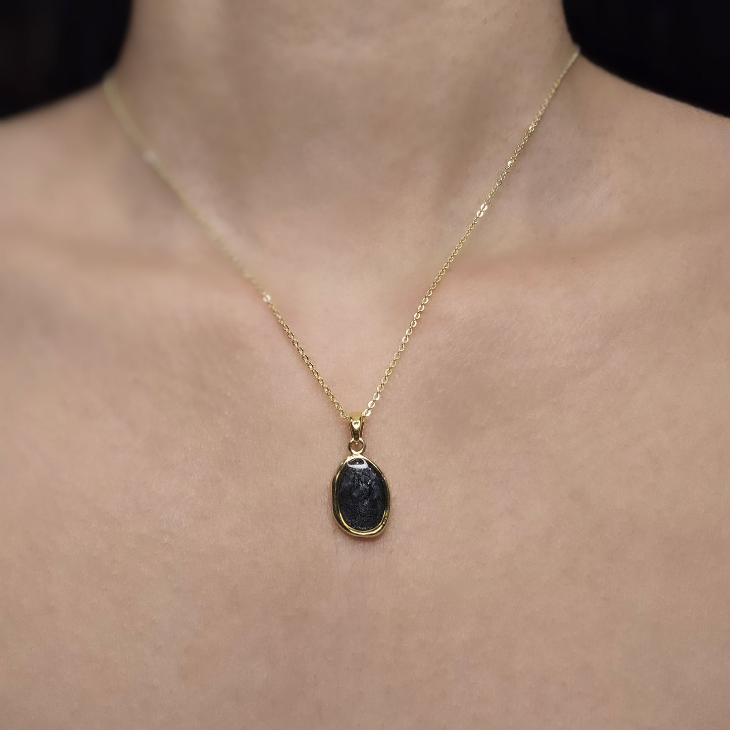 Handmade oval pendant with black and grey swirls and silver flakes, 14k gold plated chain, gift for her