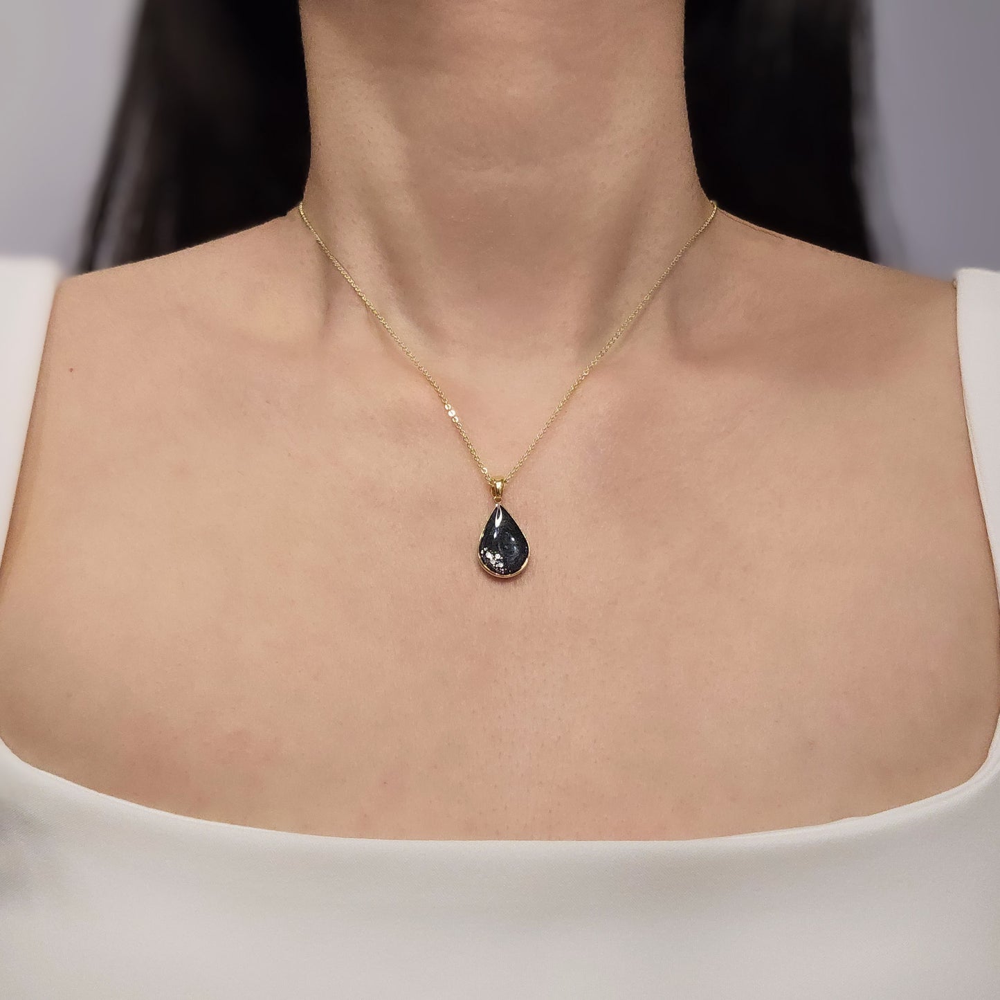 Handmade teardrop pendant with black and grey swirls and silver flakes, 14k gold plated chain, gift for her
