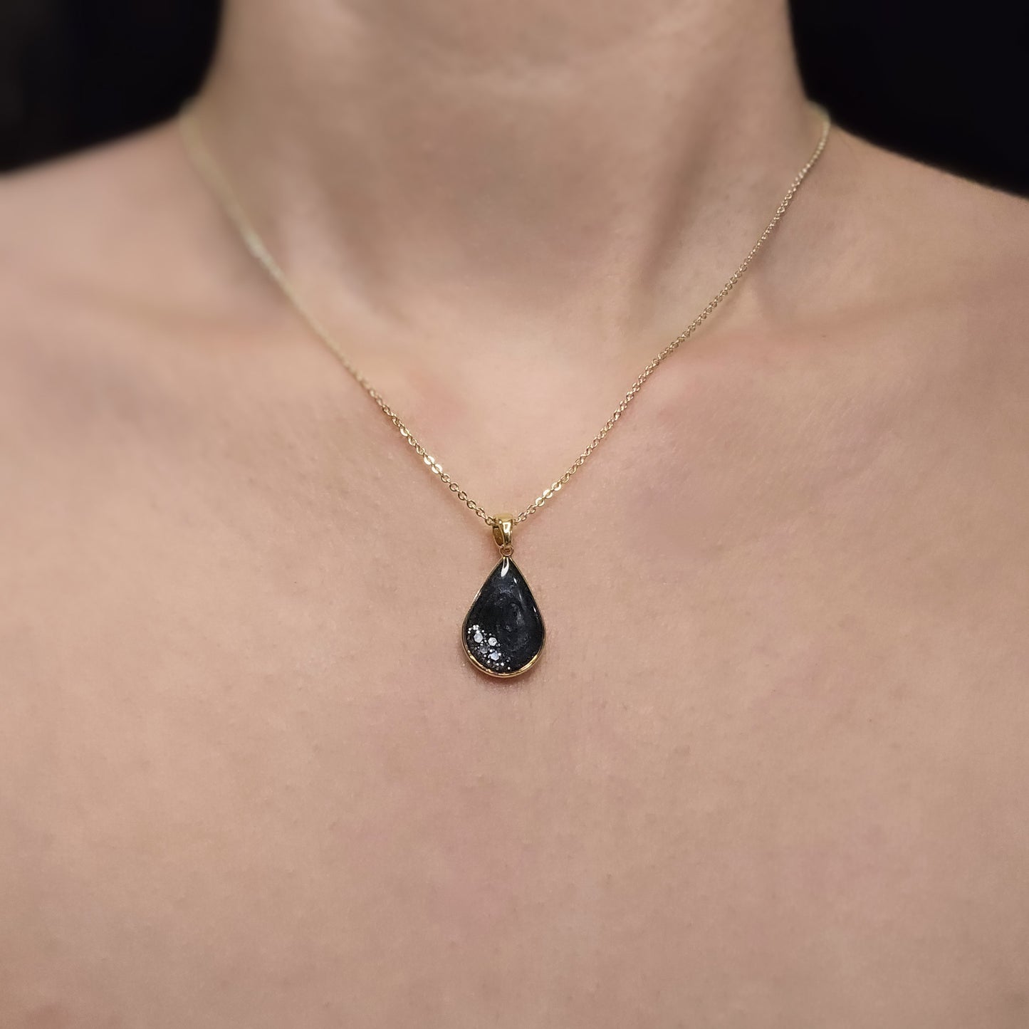 Handmade teardrop pendant with black and grey swirls and silver flakes, 14k gold plated chain, gift for her