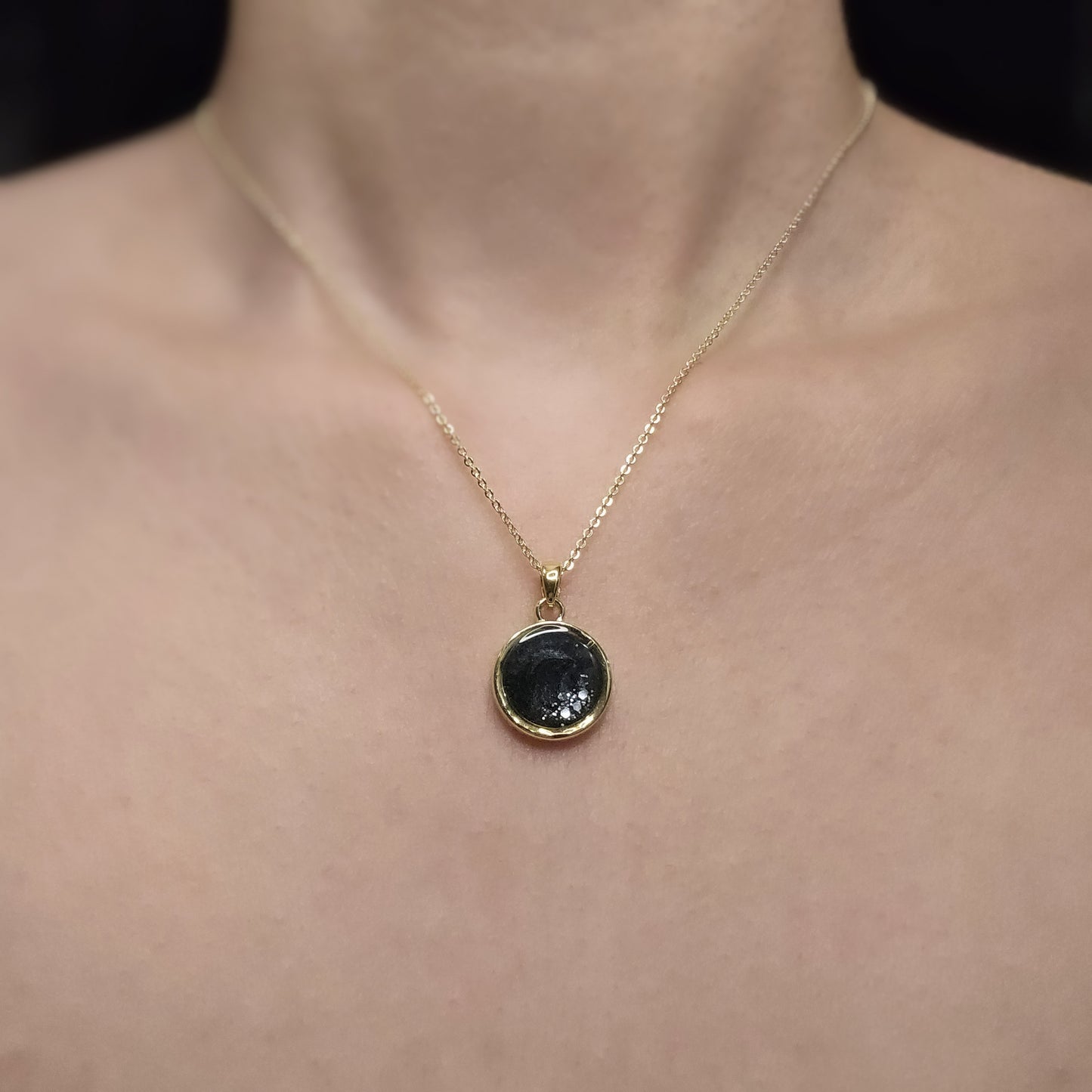 Handmade round pendant with black and grey swirls and silver flakes, 14k gold plated chain, gift for her