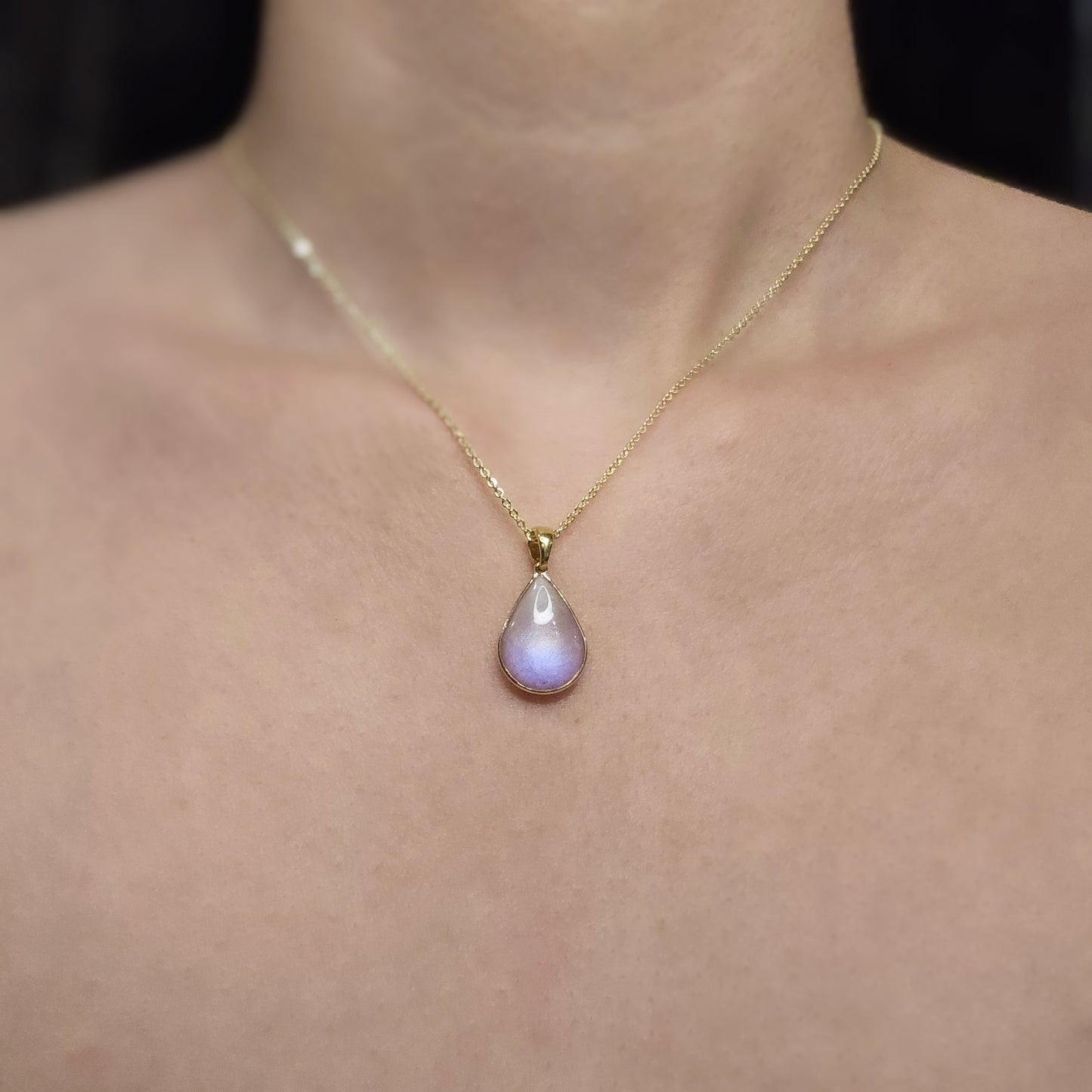 Handmade teardrop pendant with purple and white shimmer, 14k gold plated chain, gift for her