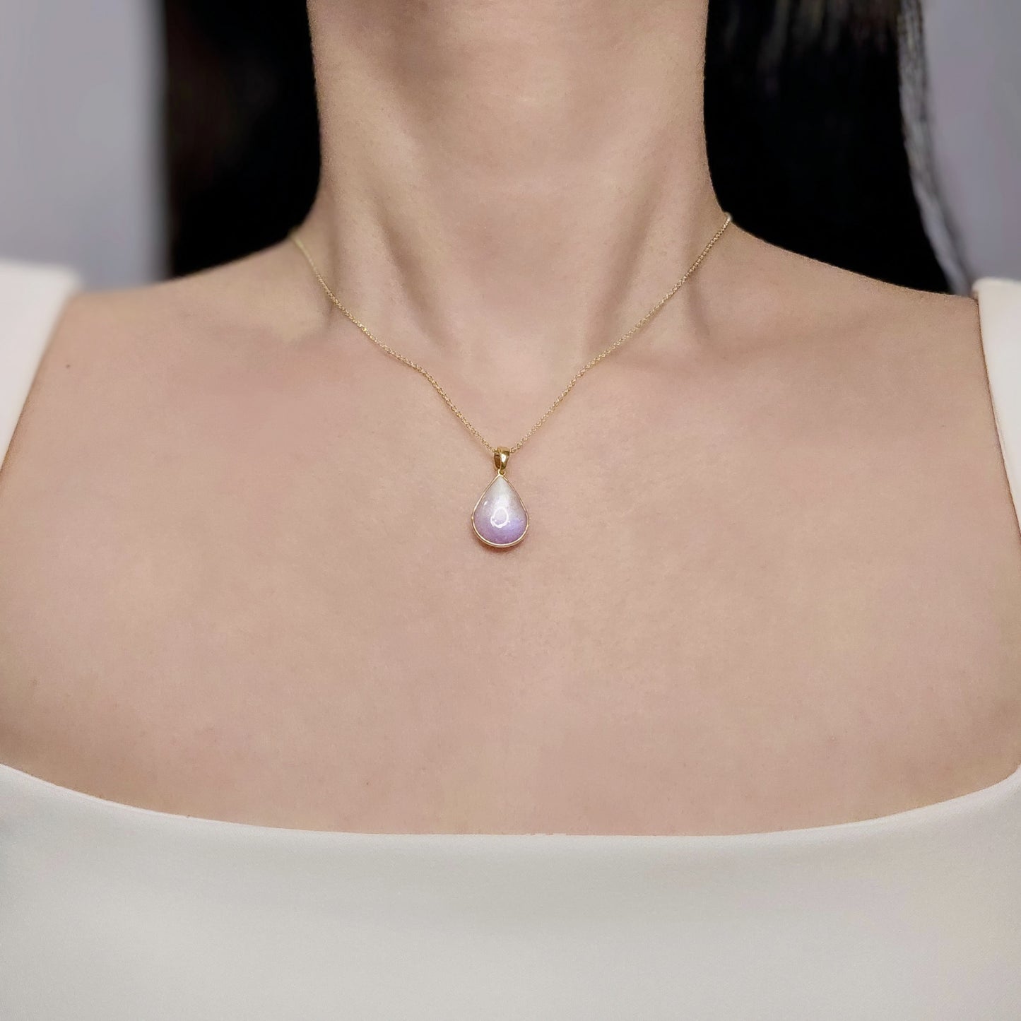 Handmade teardrop pendant with purple and white shimmer, 14k gold plated chain, gift for her