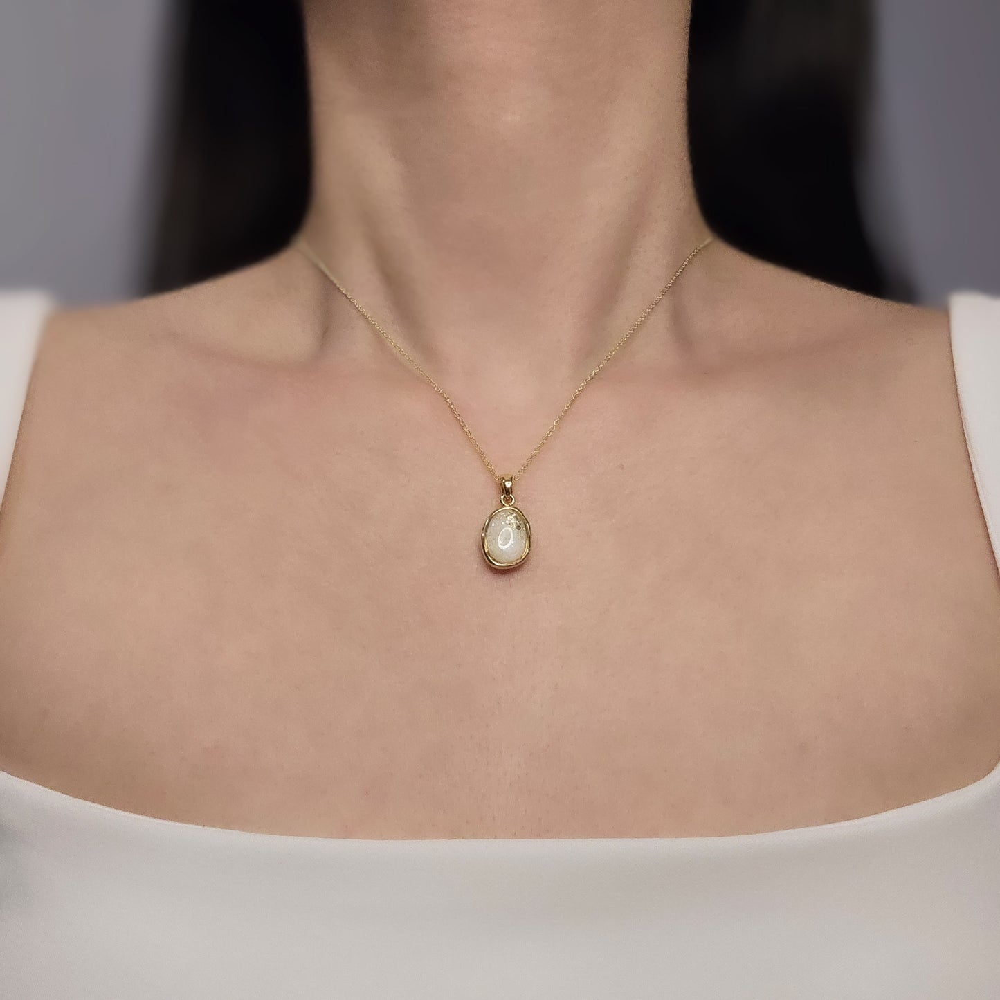 Handmade oval pendant with white shimmer and gold sparkles, 14k gold plated chain, gift for her