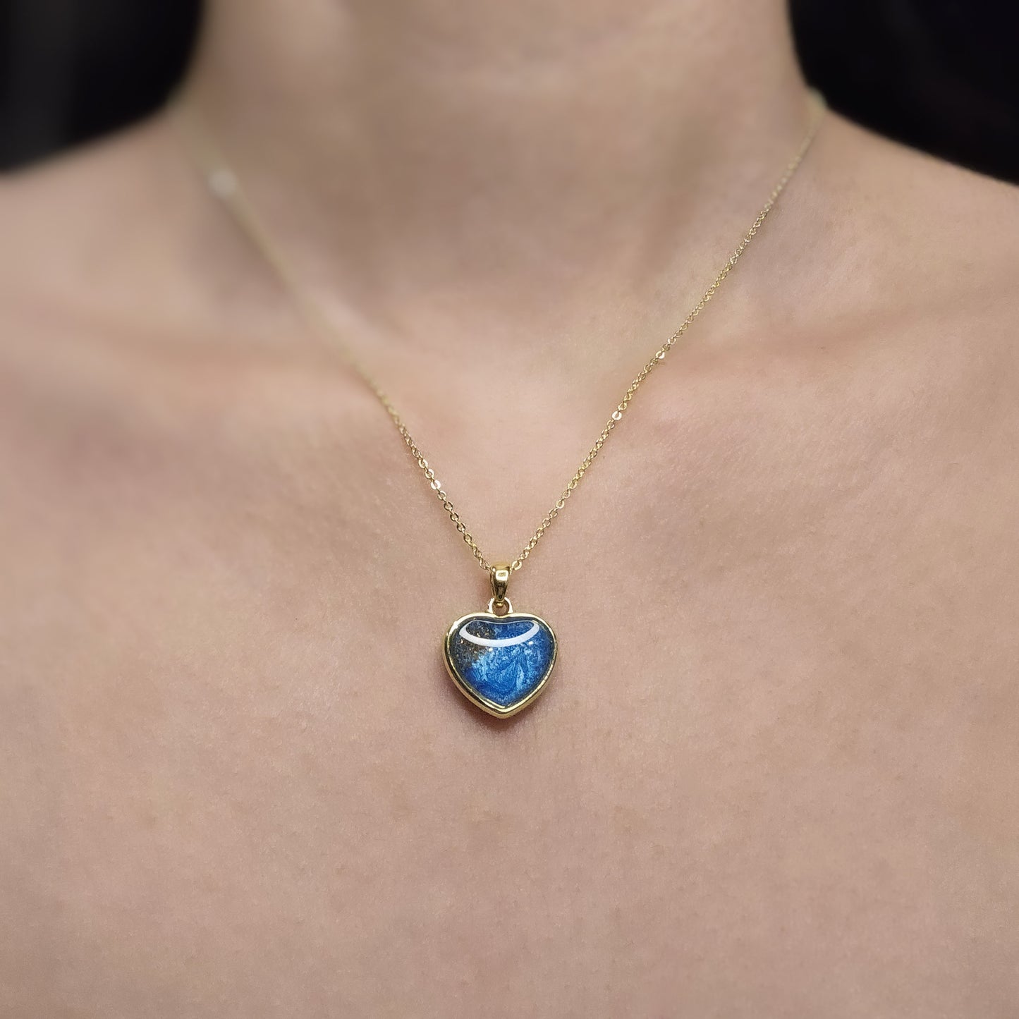 Handmade heart pendant with blue shimmer and gold sparkles, 14k gold plated chain, gift for her