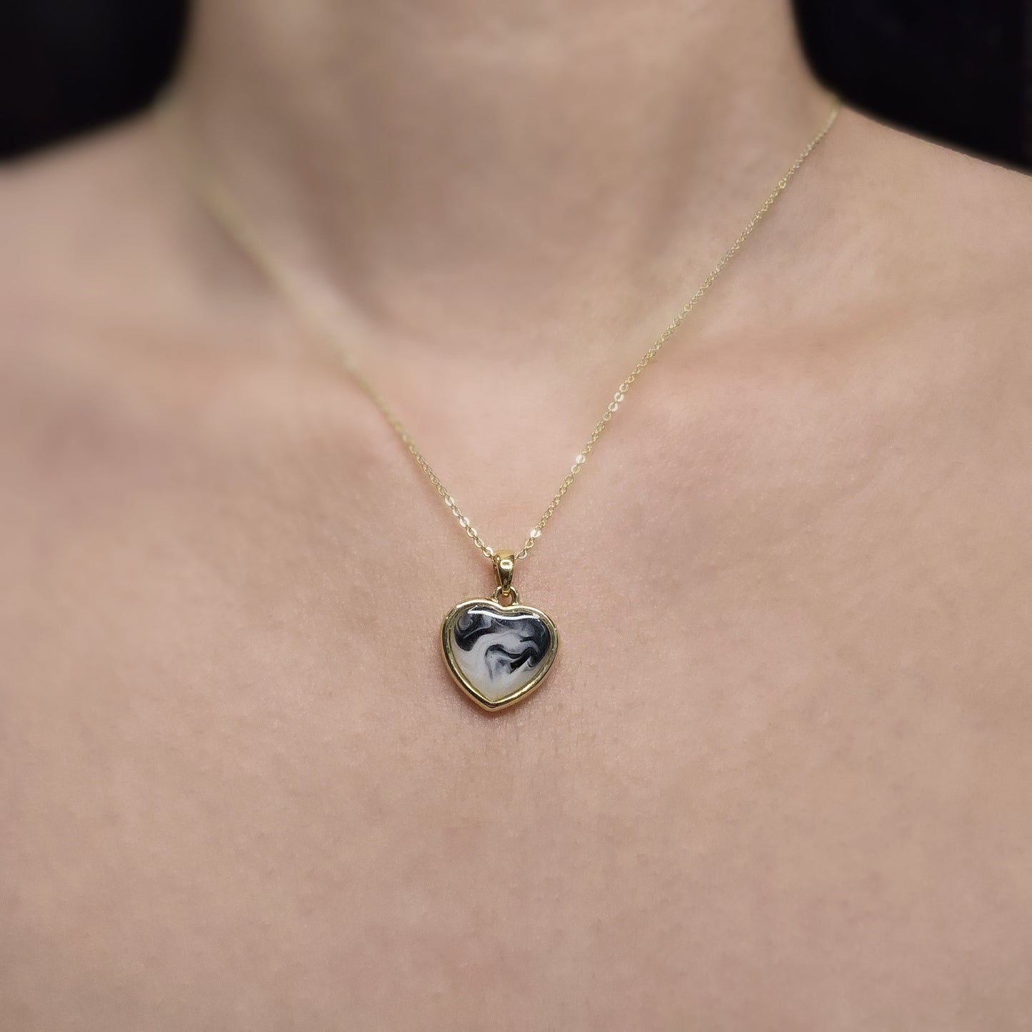Handmade heart pendant with black and white swirls, 14k gold plated chain, gift for her