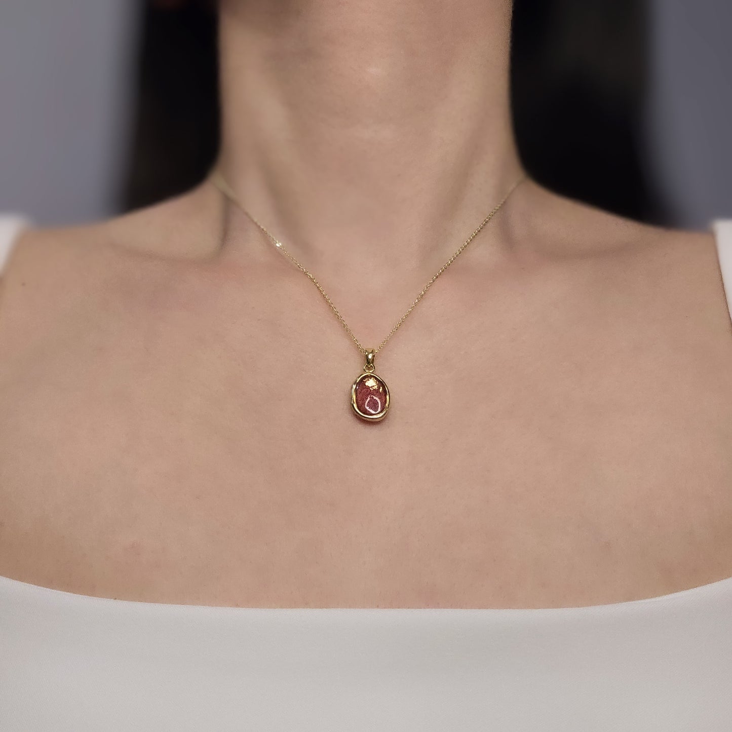 Handmade oval pendant with red shimmer and gold foil, 14k gold plated chain, gift for her