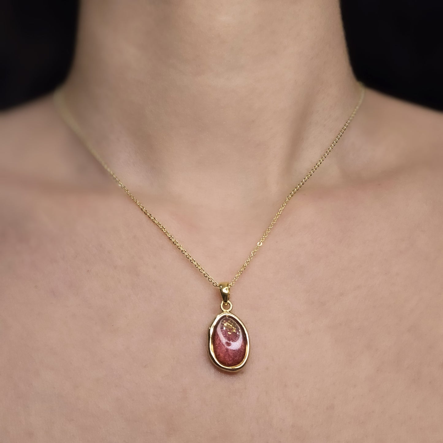 Handmade oval pendant with red shimmer and gold foil, 14k gold plated chain, gift for her