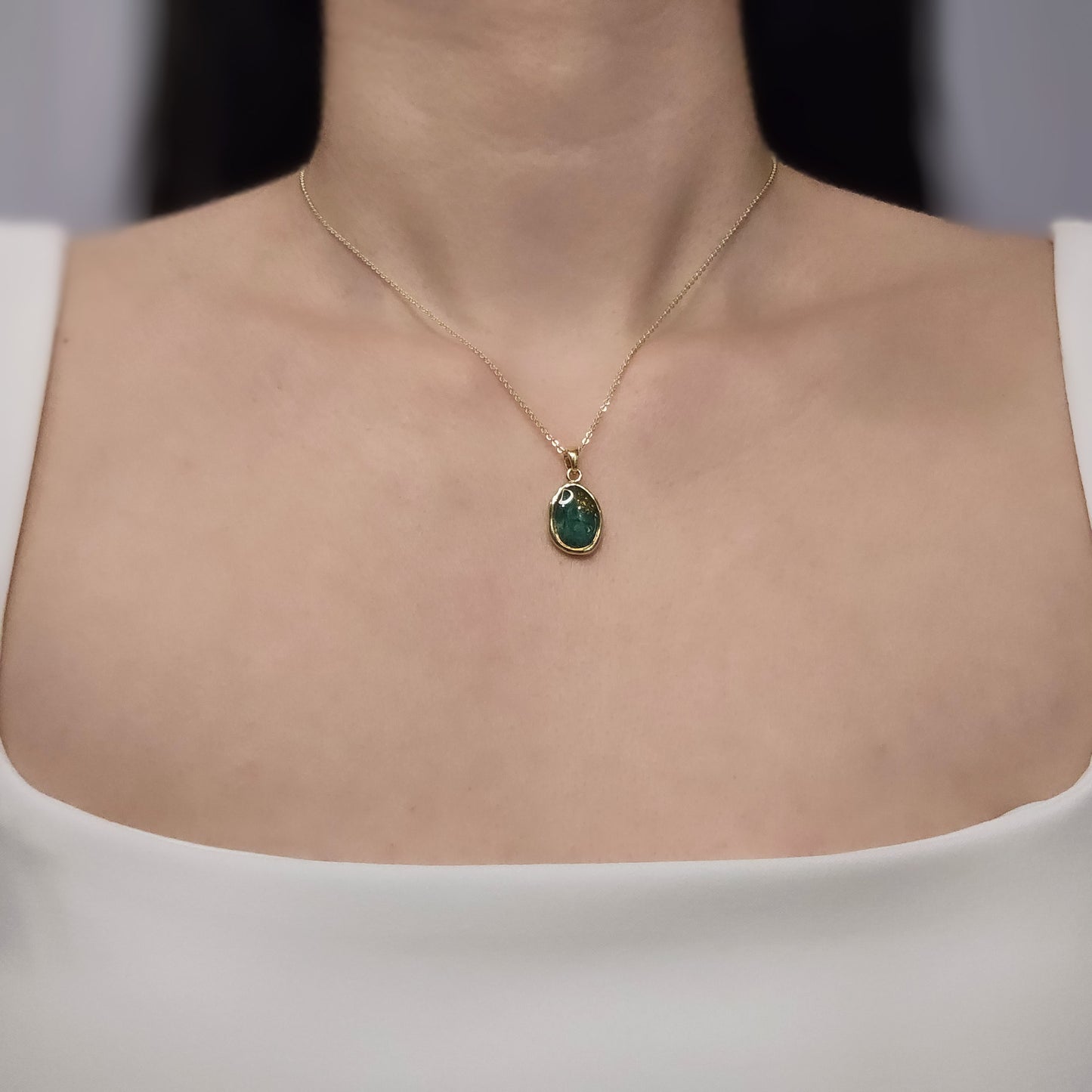 Handmade oval pendant with forest green swirls and gold flakes, 14k gold plated chain, gift for her