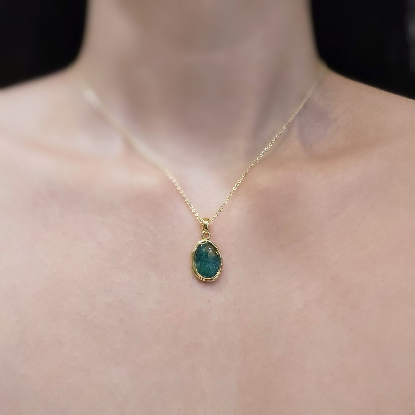 Handmade oval pendant with forest green swirls and gold flakes, 14k gold plated chain, gift for her