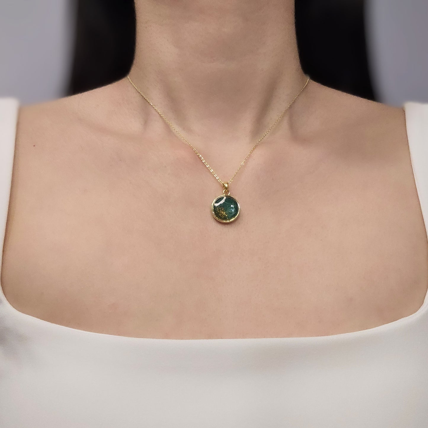 Handmade round pendant with forest green swirls and gold flakes, 14k gold plated chain, gift for her
