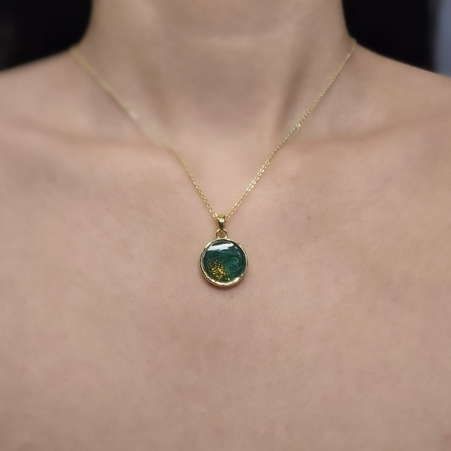 Handmade round pendant with forest green swirls and gold flakes, 14k gold plated chain, gift for her