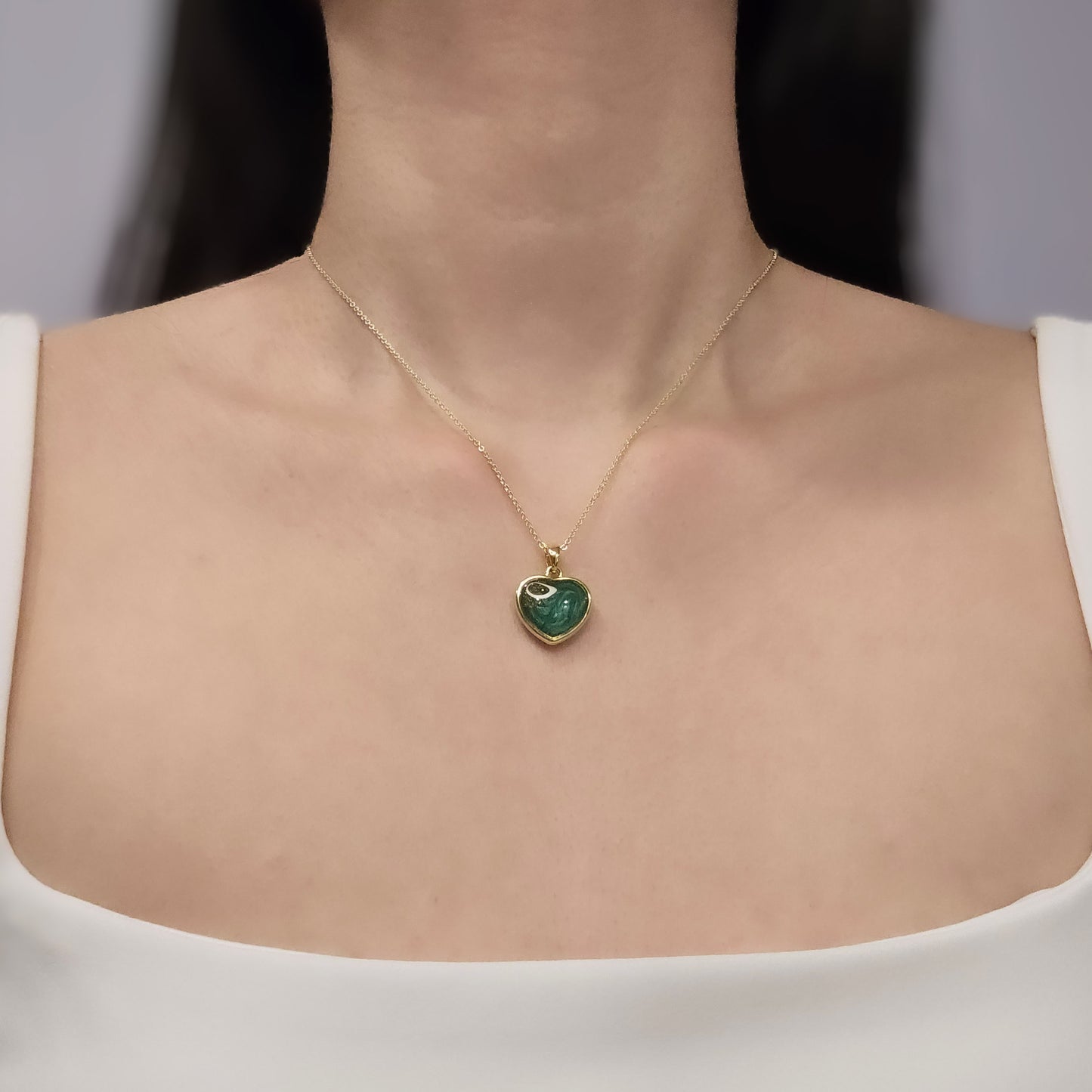 Handmade heart pendant with green shimmer and gold sparkles, 14k gold plated chain, gift for her