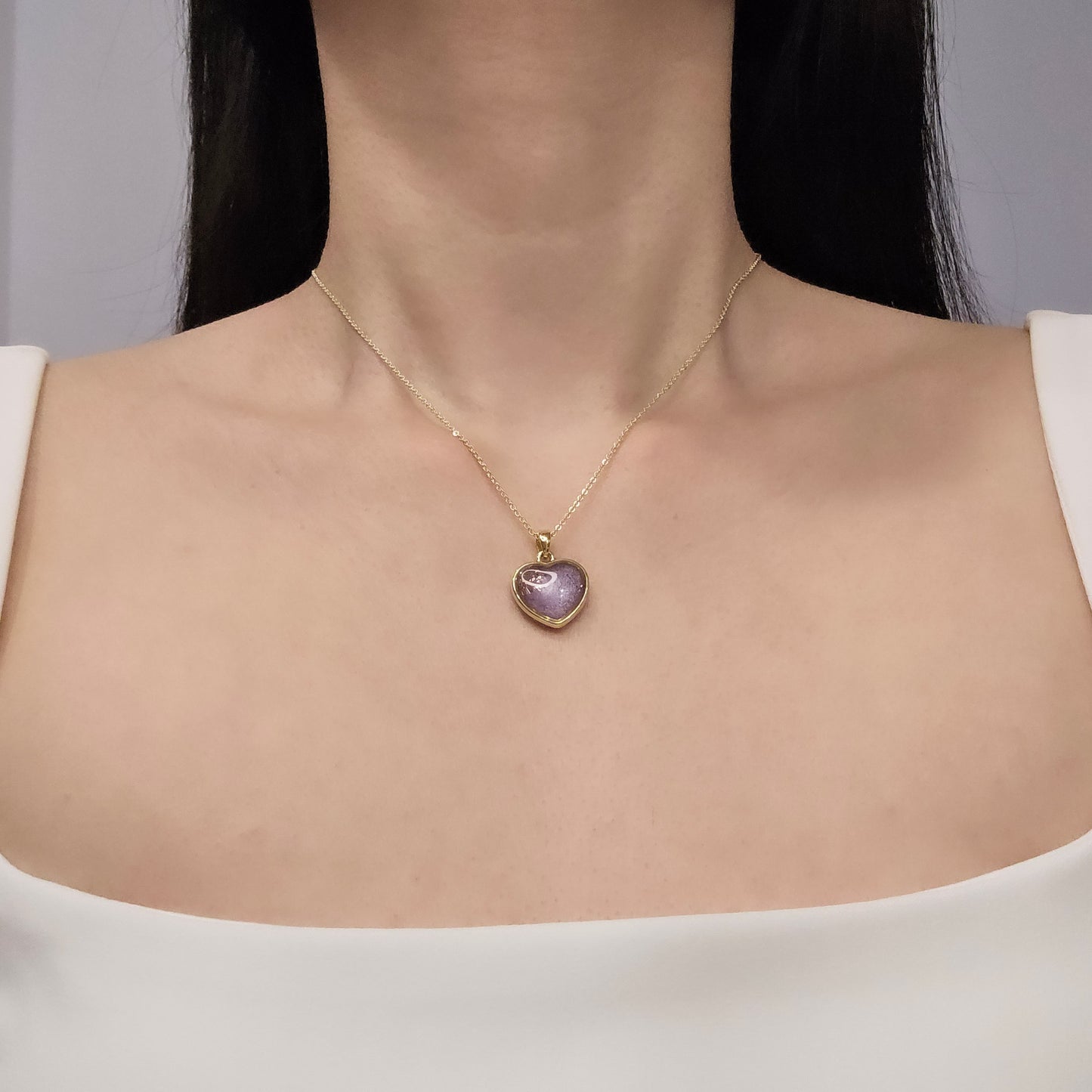 Handmade heart pendant with purple shimmer & pink foil, 14k gold plated chain, gift for her