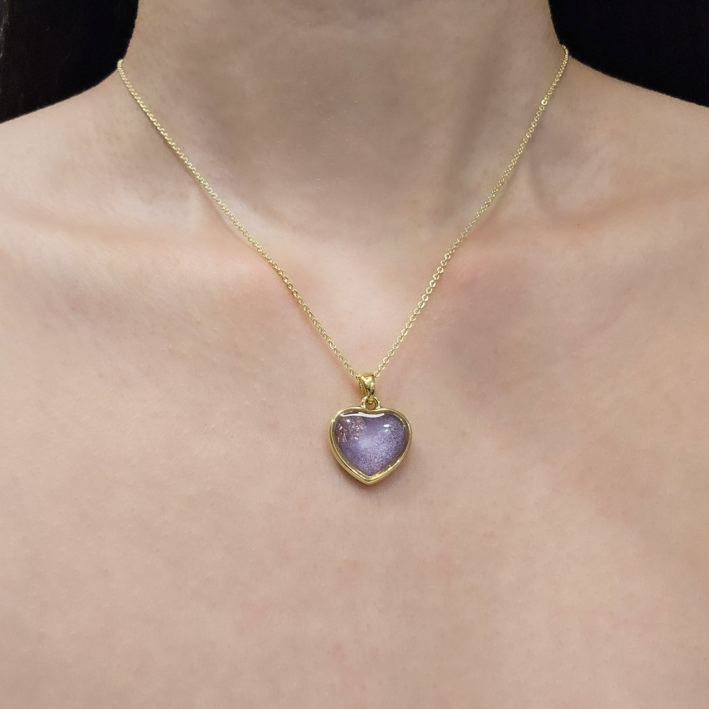 Handmade heart pendant with purple shimmer & pink foil, 14k gold plated chain, gift for her