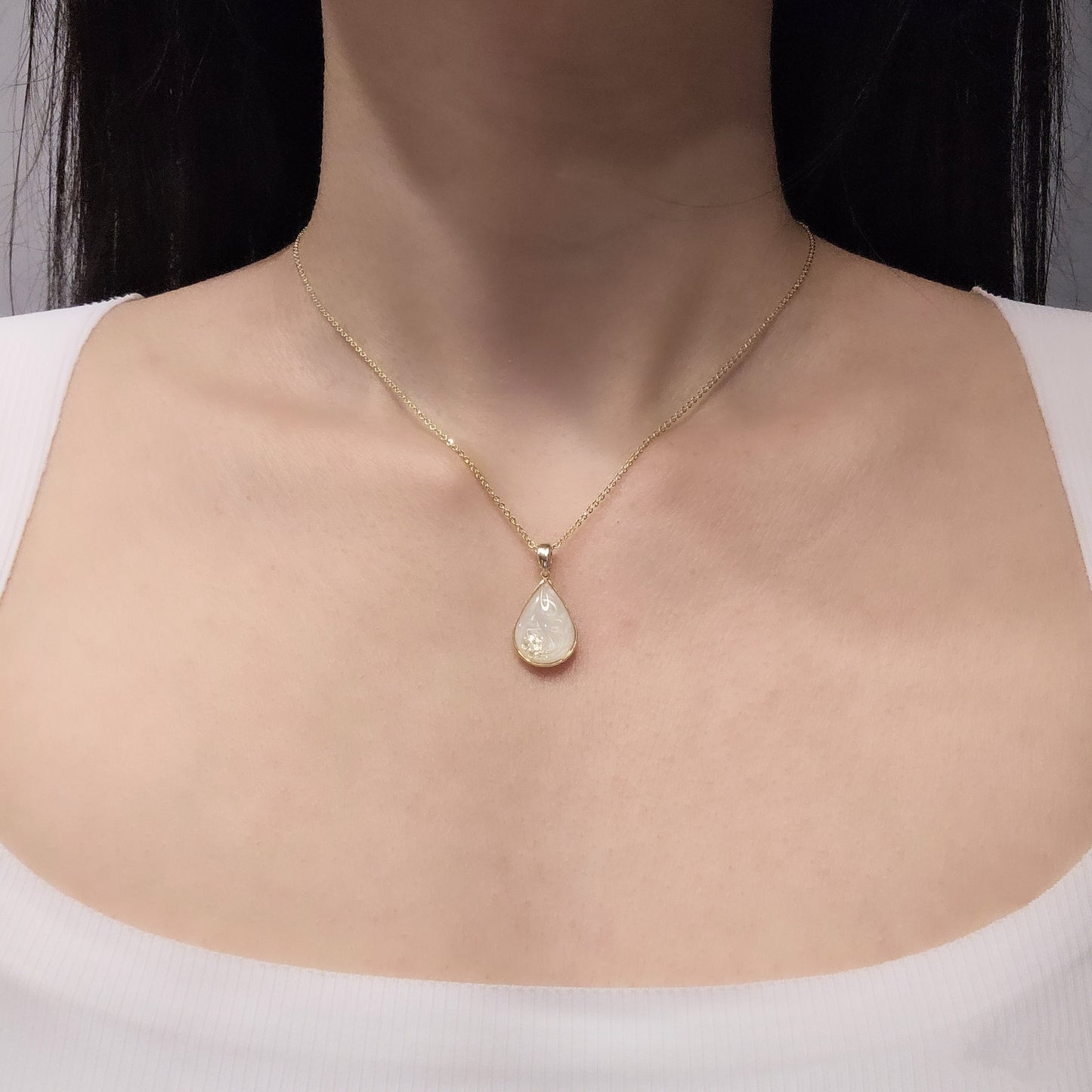 Handmade teardrop pendant with white swirls and gold flakes, 14k gold plated chain, gift for her