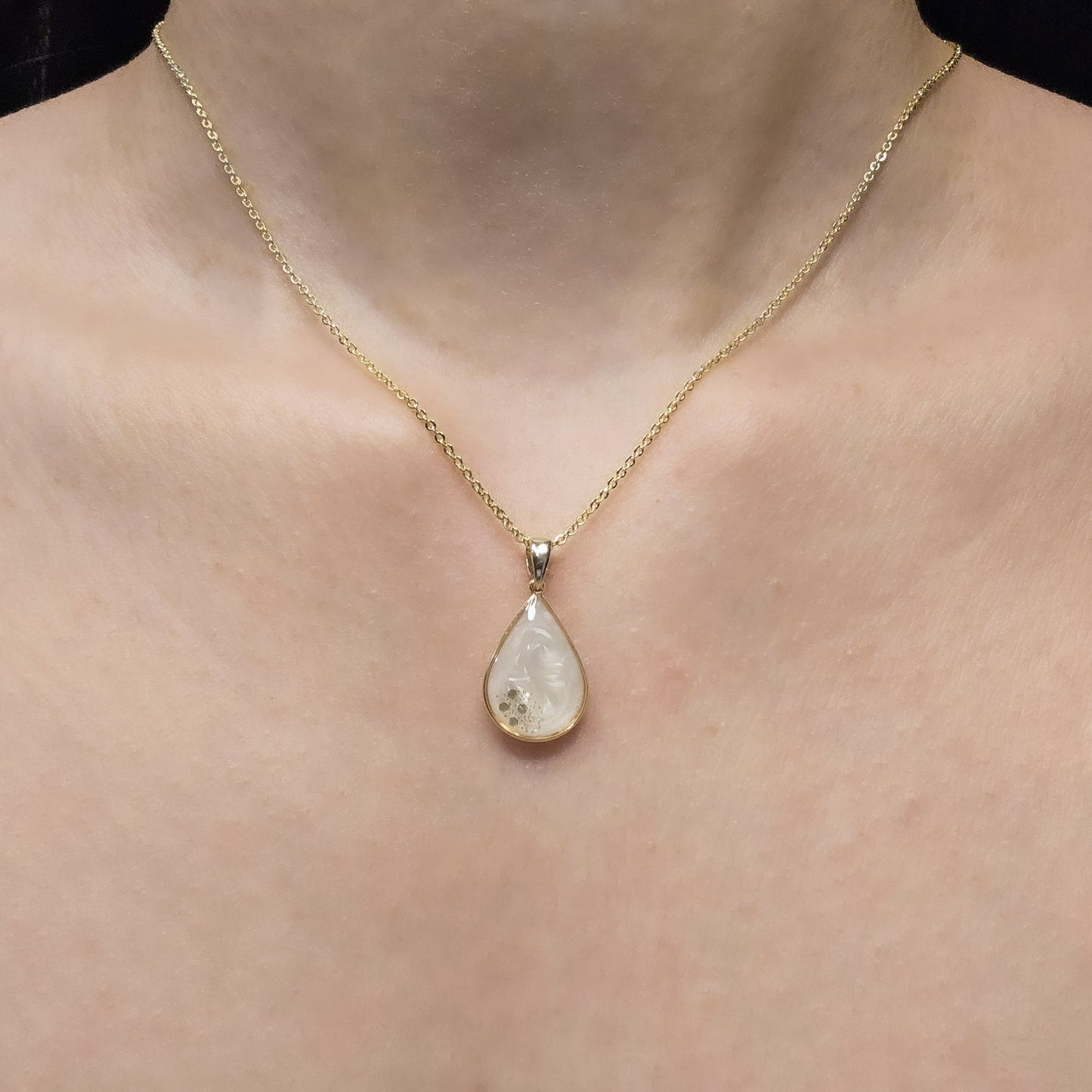 Handmade teardrop pendant with white swirls and gold flakes, 14k gold plated chain, gift for her