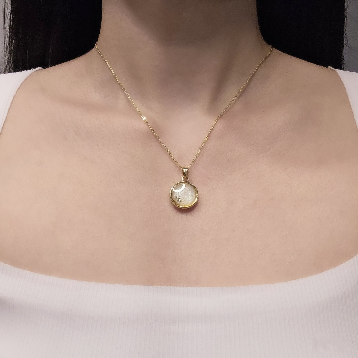 Handmade round pendant with white swirls and gold flakes, 14k gold plated chain, gift for her