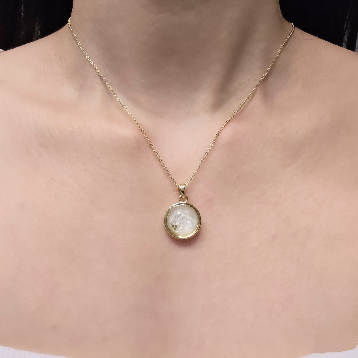Handmade round pendant with white swirls and gold flakes, 14k gold plated chain, gift for her