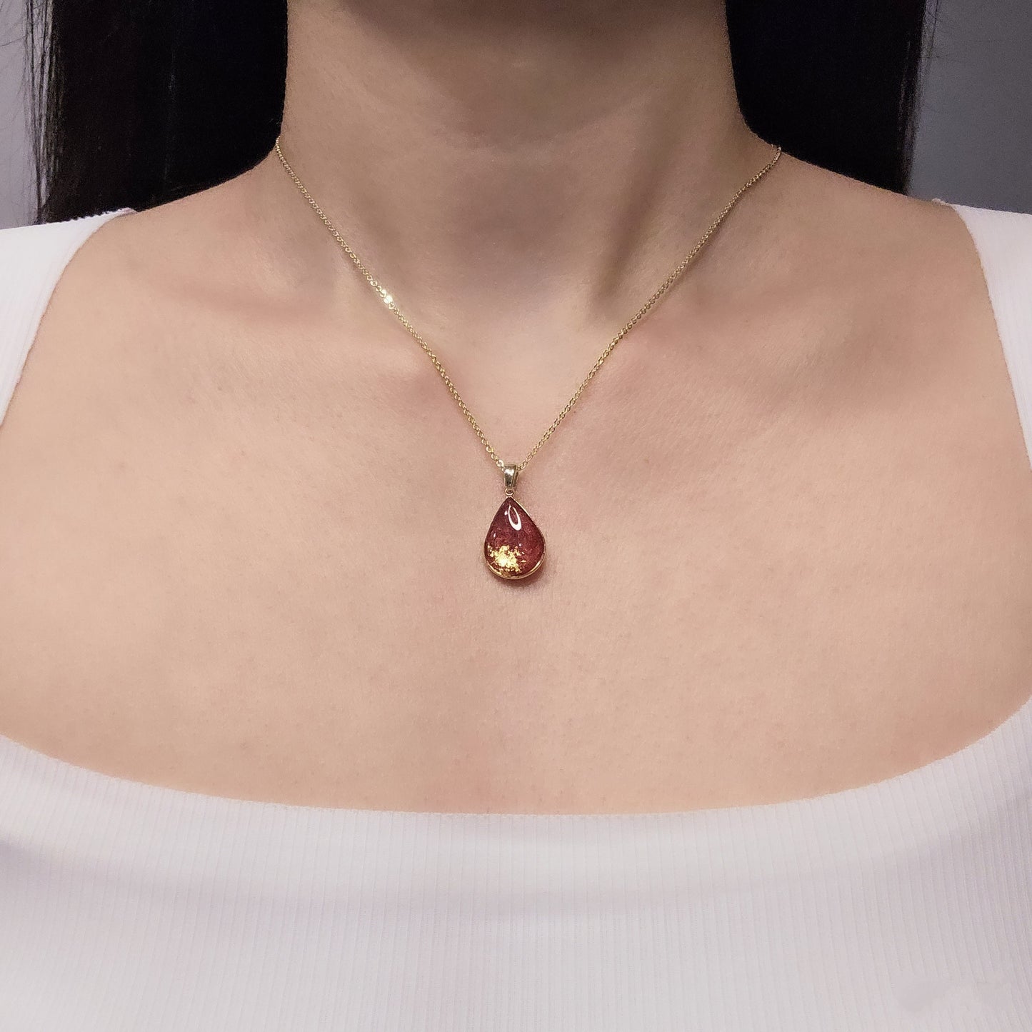 Handmade teardrop pendant with red swirls and gold foil, 14k gold plated chain, gift for her
