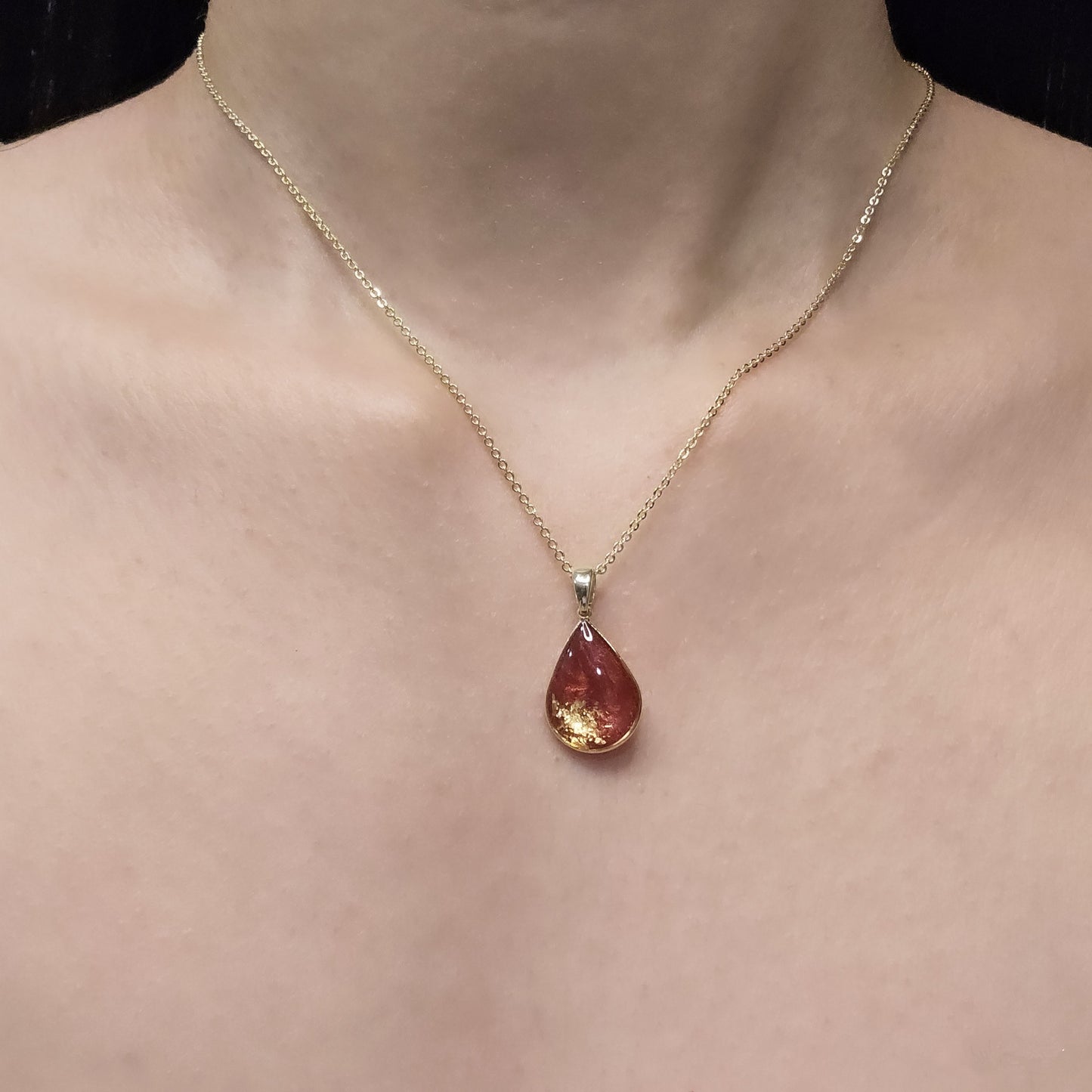 Handmade teardrop pendant with red swirls and gold foil, 14k gold plated chain, gift for her