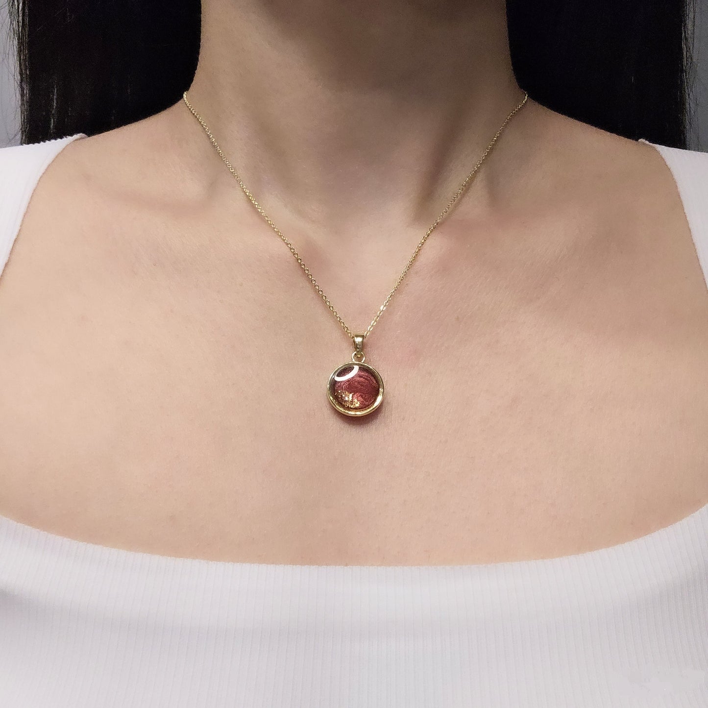 Handmade round pendant with red swirls and gold foil, 14k gold plated chain, gift for her