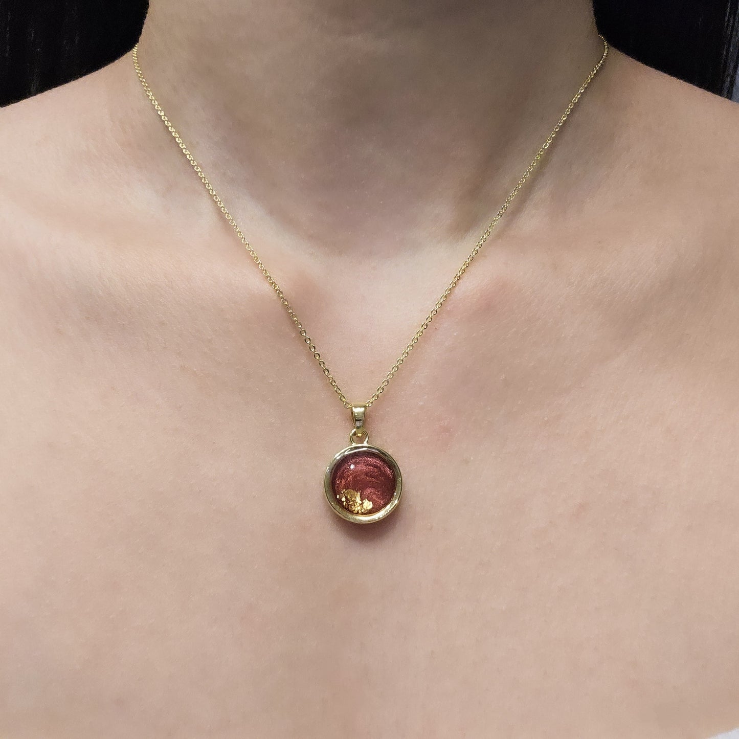 Handmade round pendant with red swirls and gold foil, 14k gold plated chain, gift for her