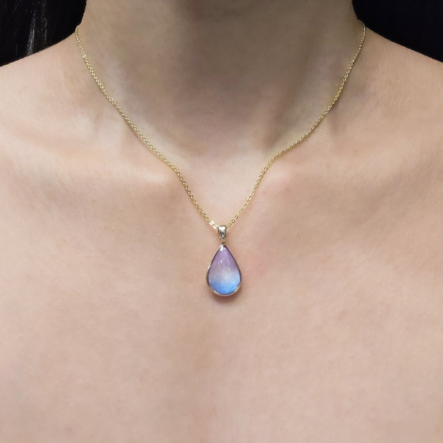Handmade teardrop pendant with purple, pink and blue shimmer, 14k gold plated chain, gift for her