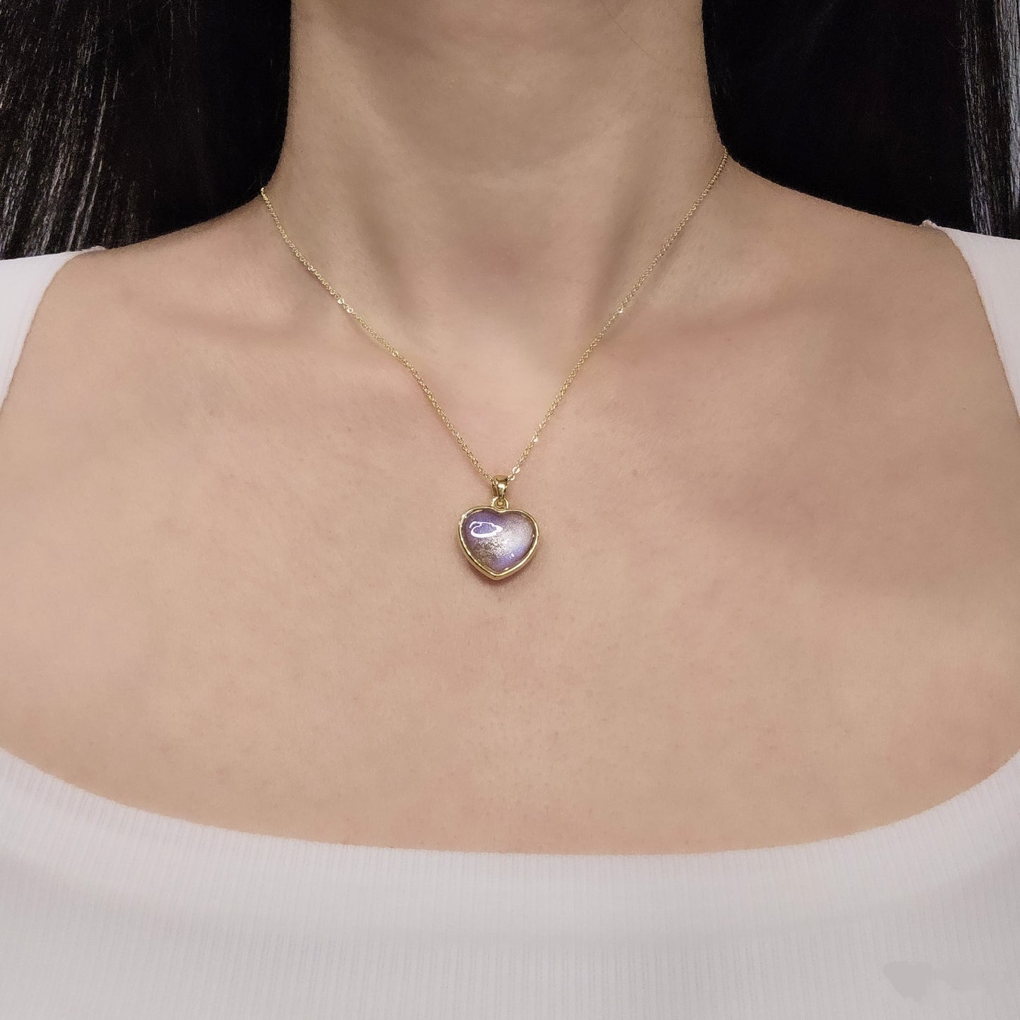 Handmade heart pendant with purple and white shimmer and gold flakes, 14k gold plated chain, gift for her