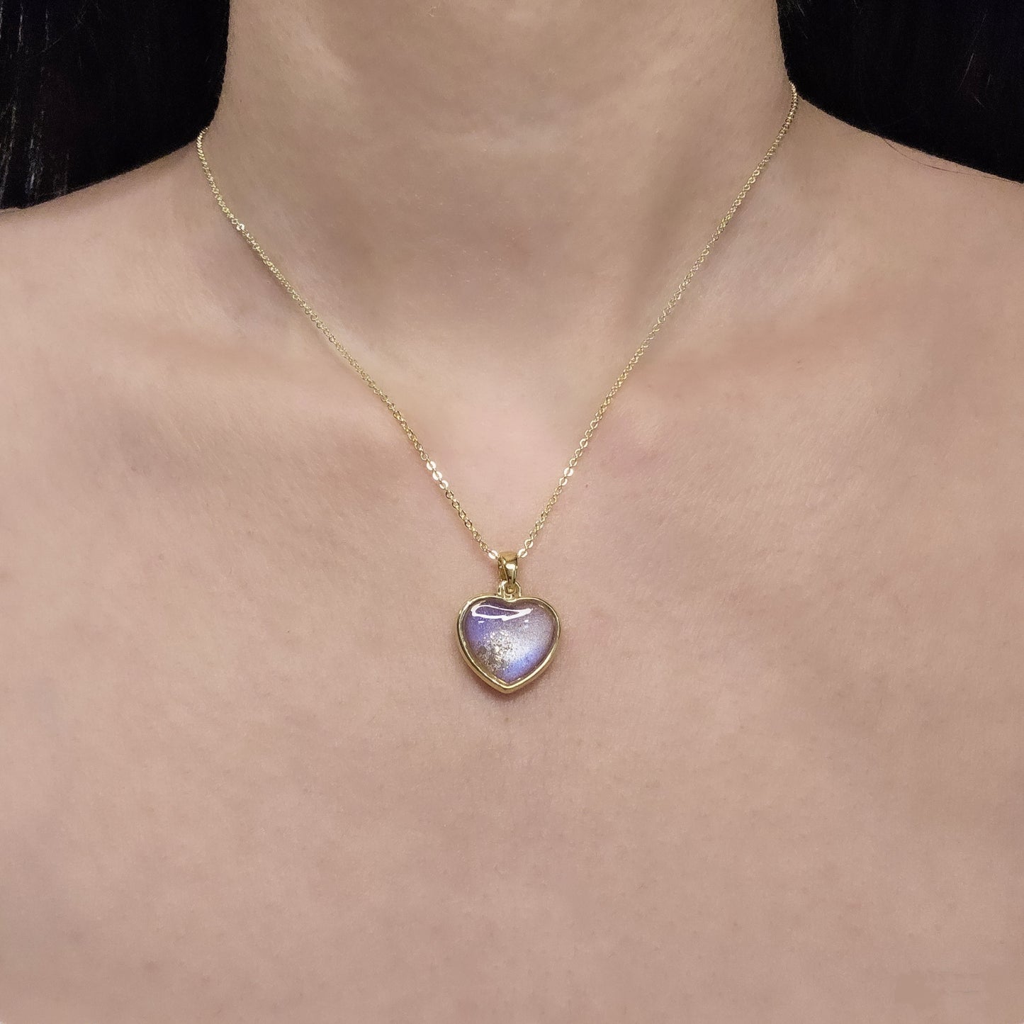 Handmade heart pendant with purple and white shimmer and gold flakes, 14k gold plated chain, gift for her
