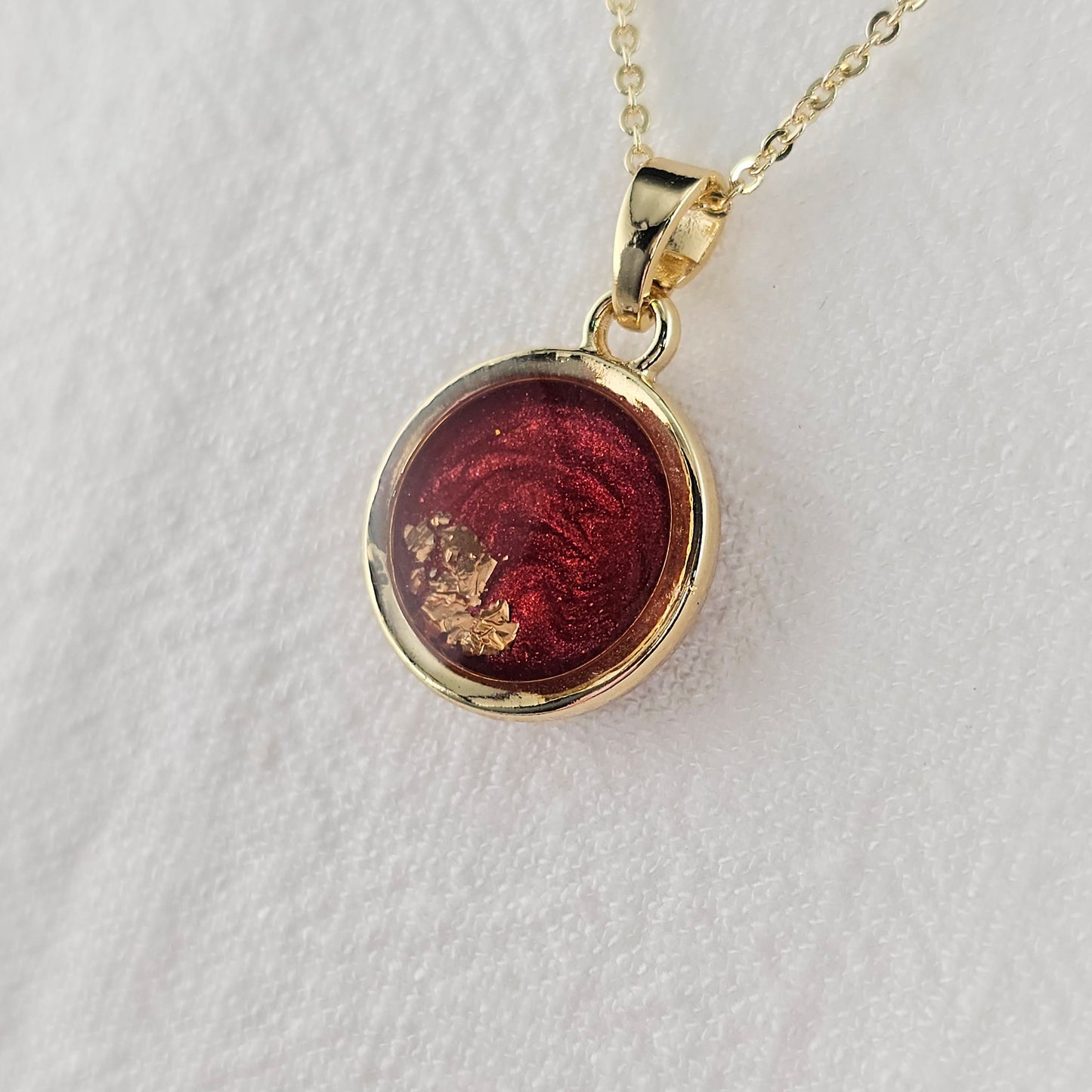 Handmade round pendant with red swirls and gold foil, 14k gold plated chain, gift for her