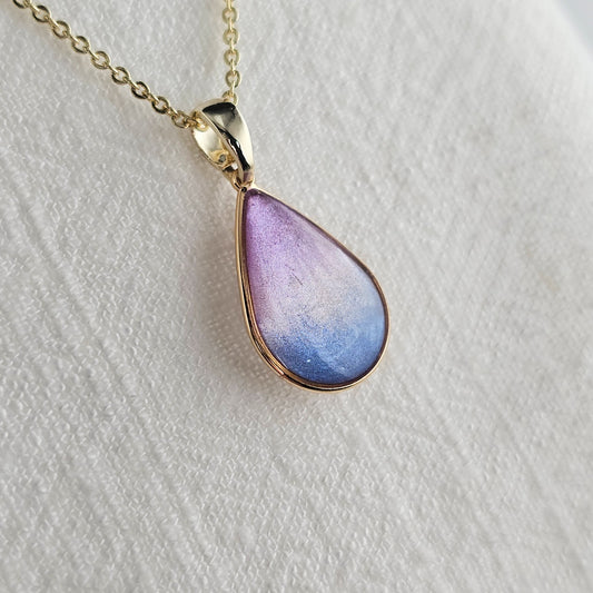 Handmade teardrop pendant with purple, pink and blue shimmer, 14k gold plated chain, gift for her