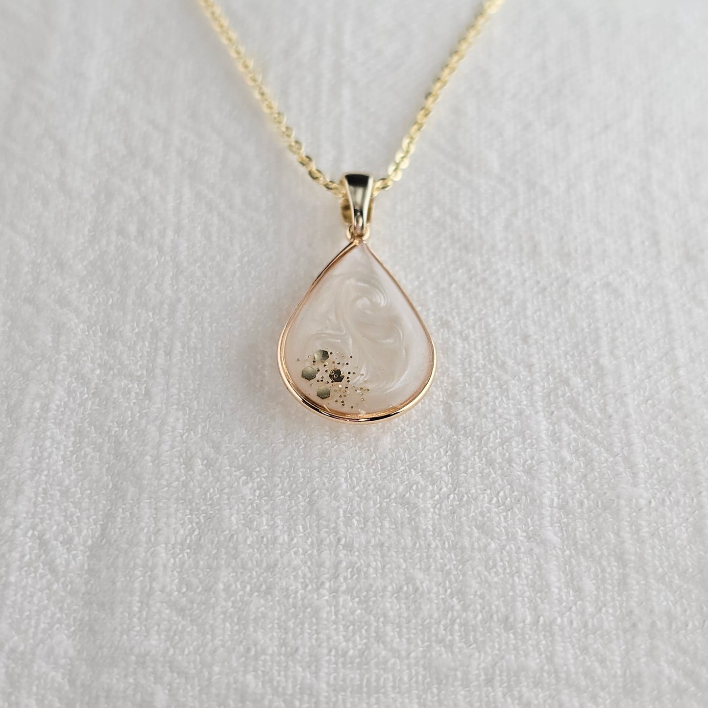 Handmade teardrop pendant with white swirls and gold flakes, 14k gold plated chain, gift for her