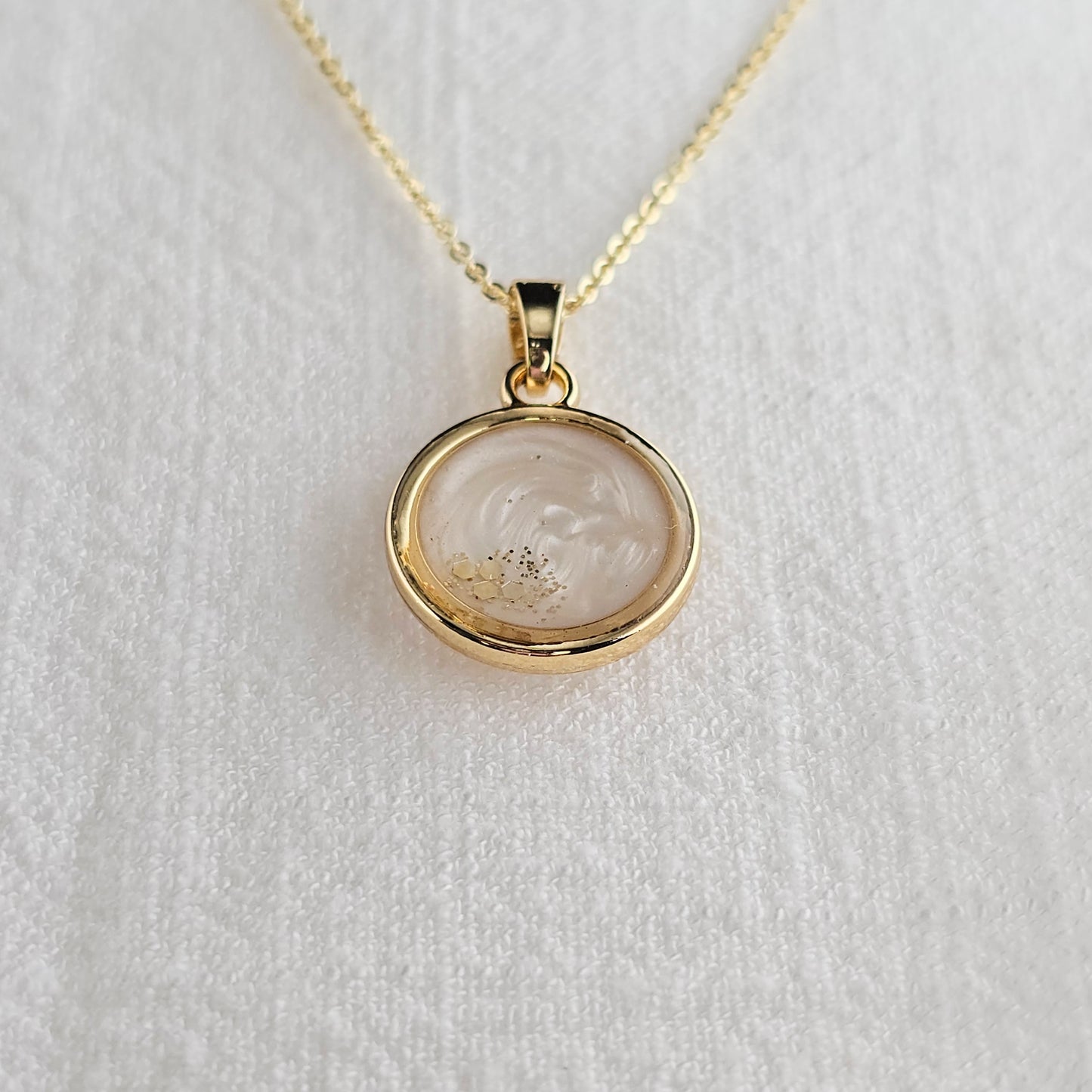 Handmade round pendant with white swirls and gold flakes, 14k gold plated chain, gift for her
