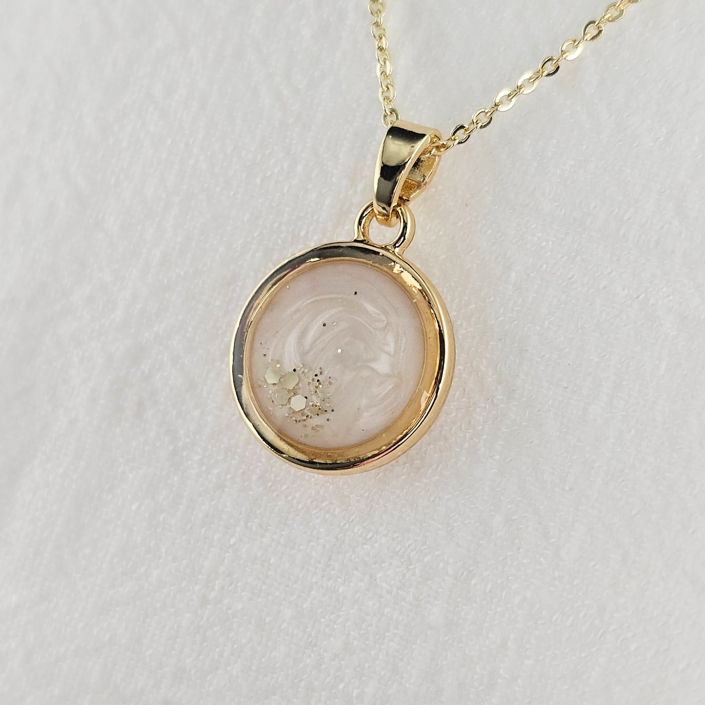 Handmade round pendant with white swirls and gold flakes, 14k gold plated chain, gift for her
