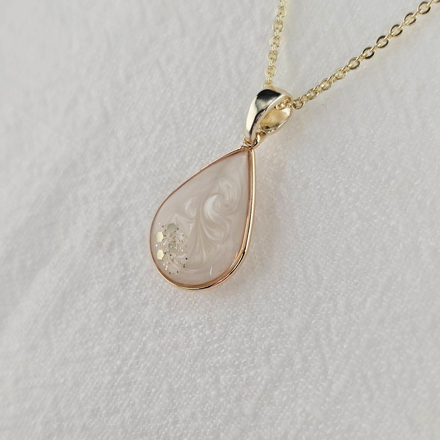 Handmade teardrop pendant with white swirls and gold flakes, 14k gold plated chain, gift for her