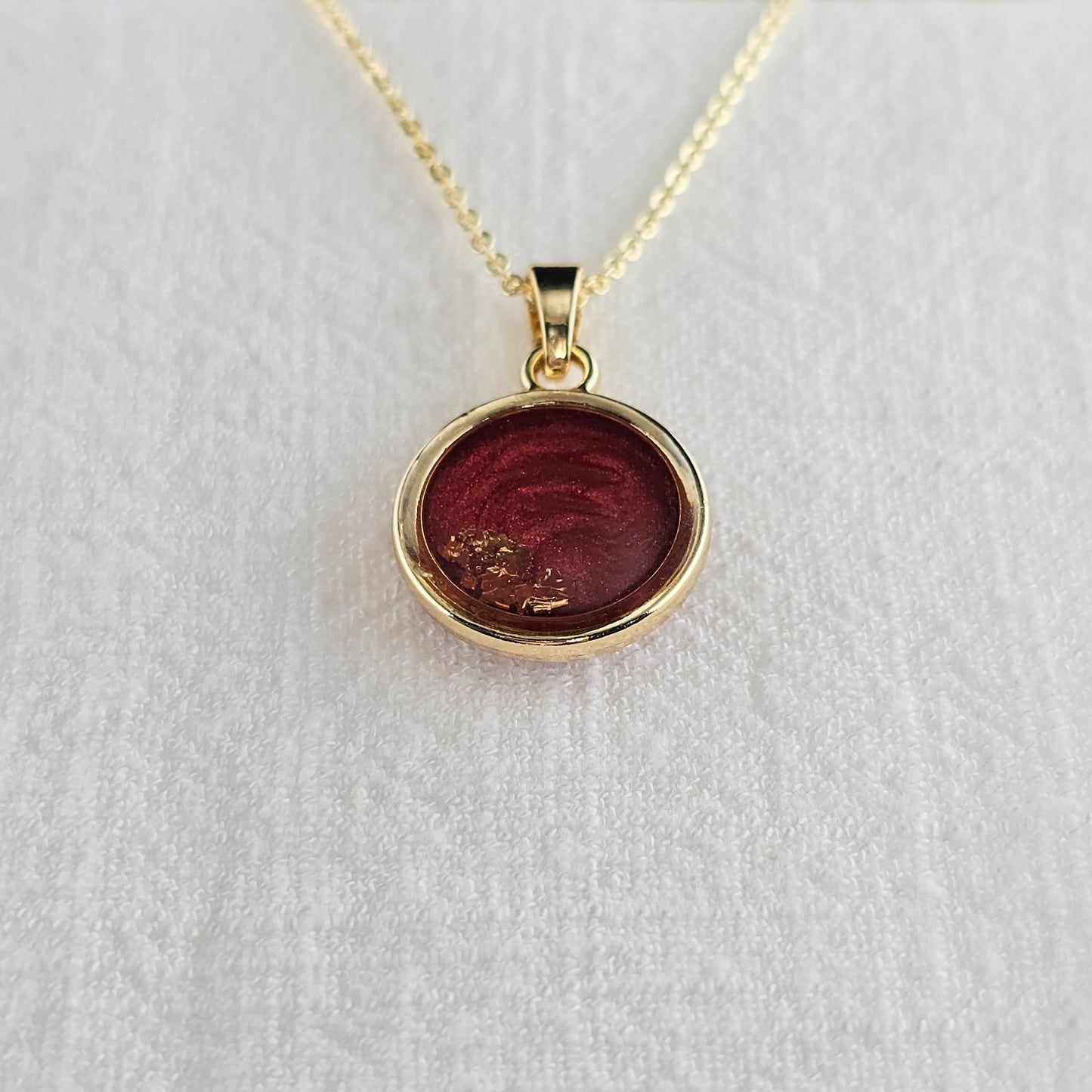 Handmade round pendant with red swirls and gold foil, 14k gold plated chain, gift for her