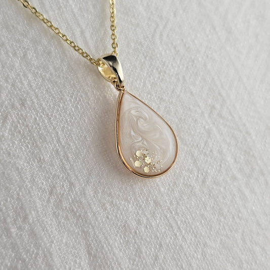 Handmade teardrop pendant with white swirls and gold flakes, 14k gold plated chain, gift for her