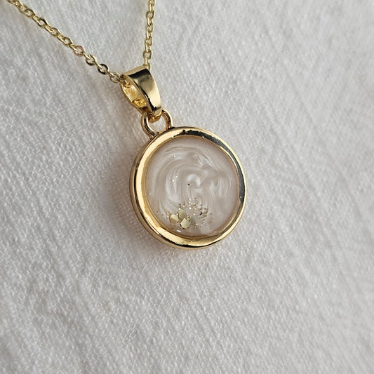 Handmade round pendant with white swirls and gold flakes, 14k gold plated chain, gift for her