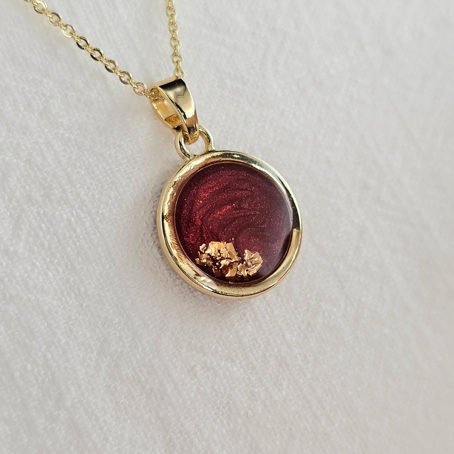 Handmade round pendant with red swirls and gold foil, 14k gold plated chain, gift for her