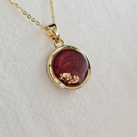 Handmade round pendant with red swirls and gold foil, 14k gold plated chain, gift for her