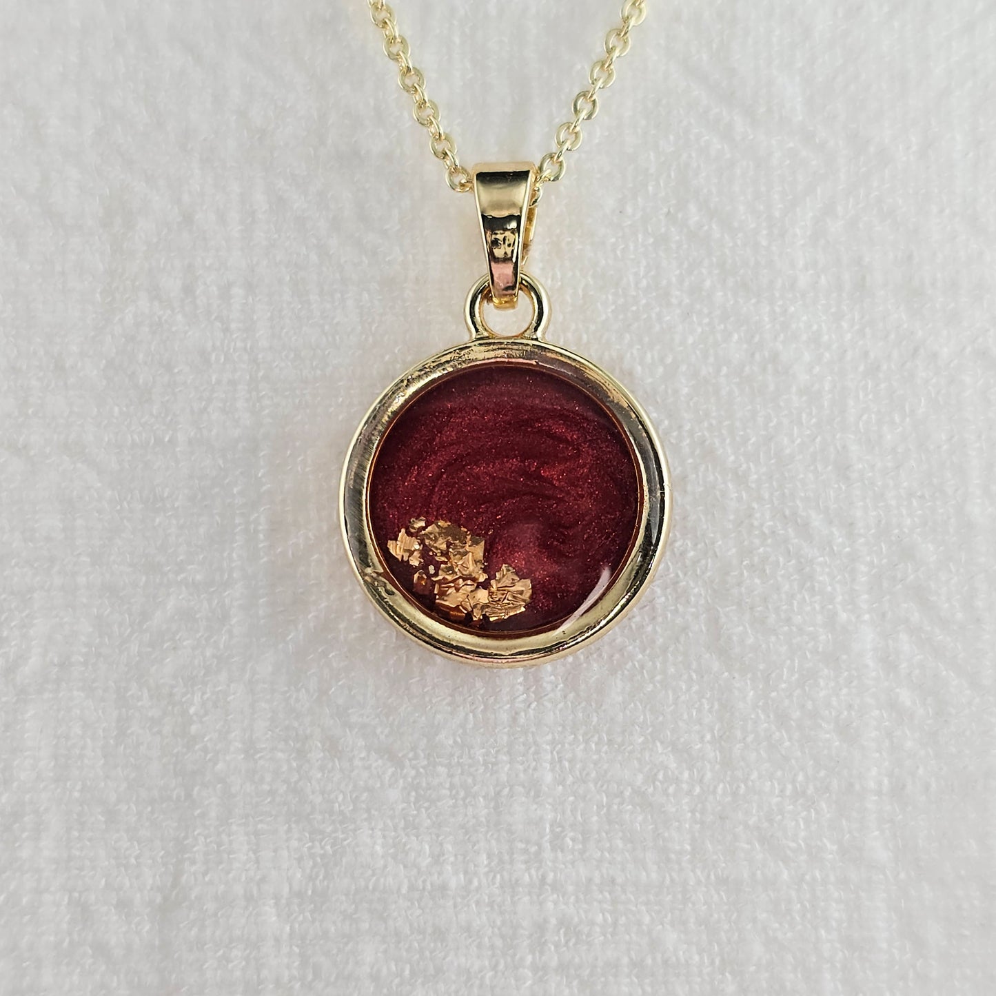 Handmade round pendant with red swirls and gold foil, 14k gold plated chain, gift for her