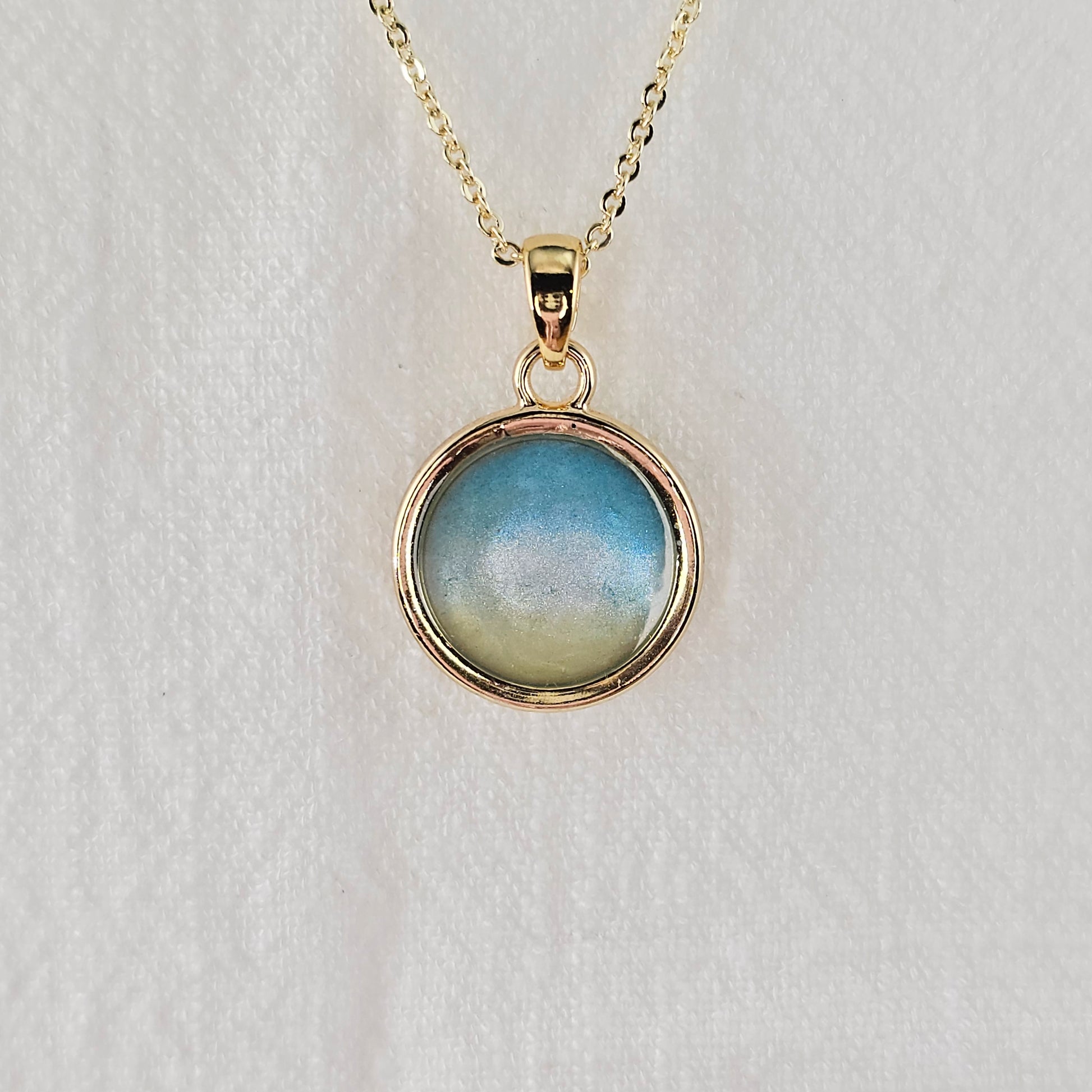 Handmade round pendant with blue and yellow shimmer, 14k gold plated chain, gift for her